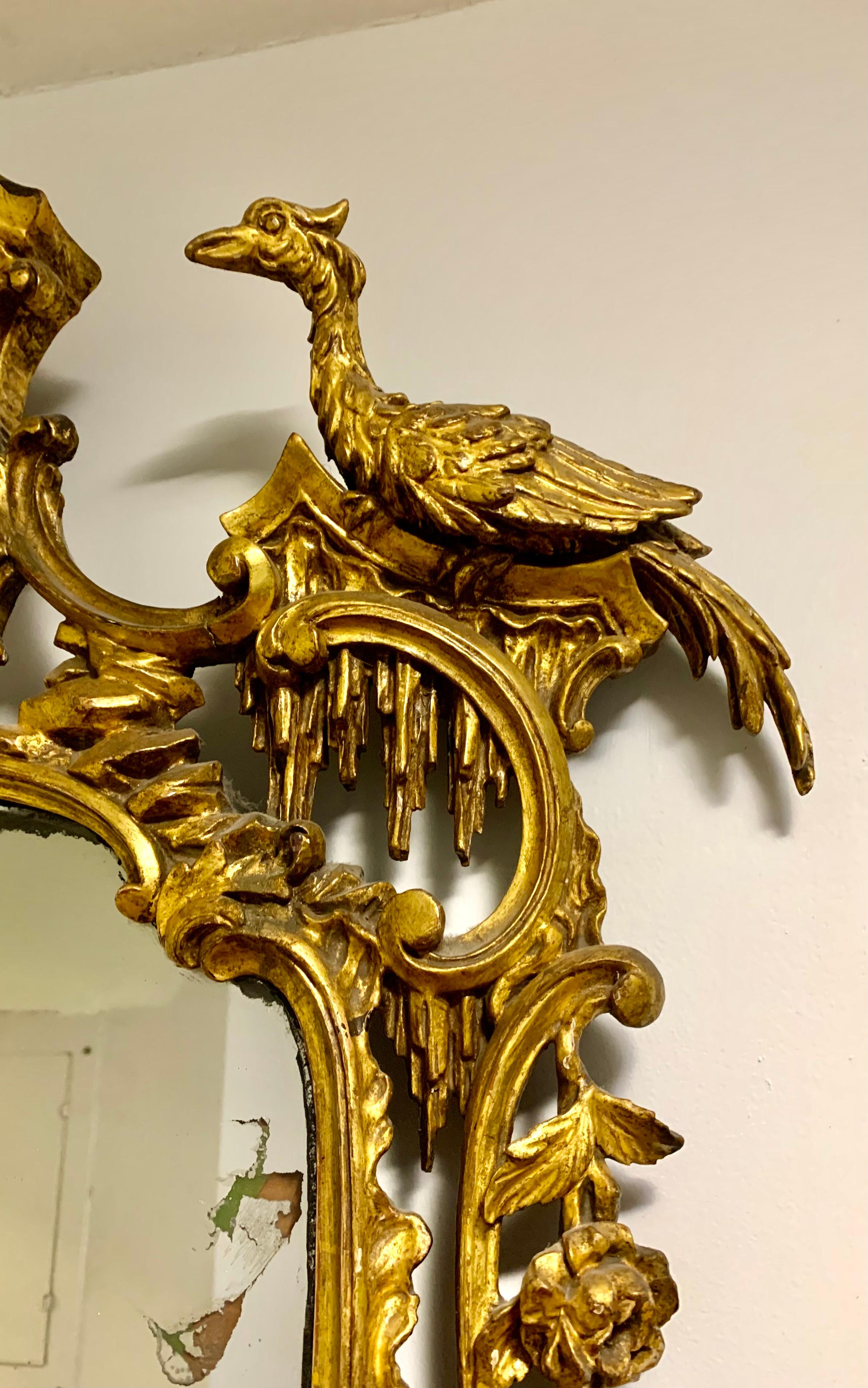 18th Century and Earlier Magnificent 18th Century Chinese Chippendale Ho-Ho Bird Carved Giltwood Mirror For Sale