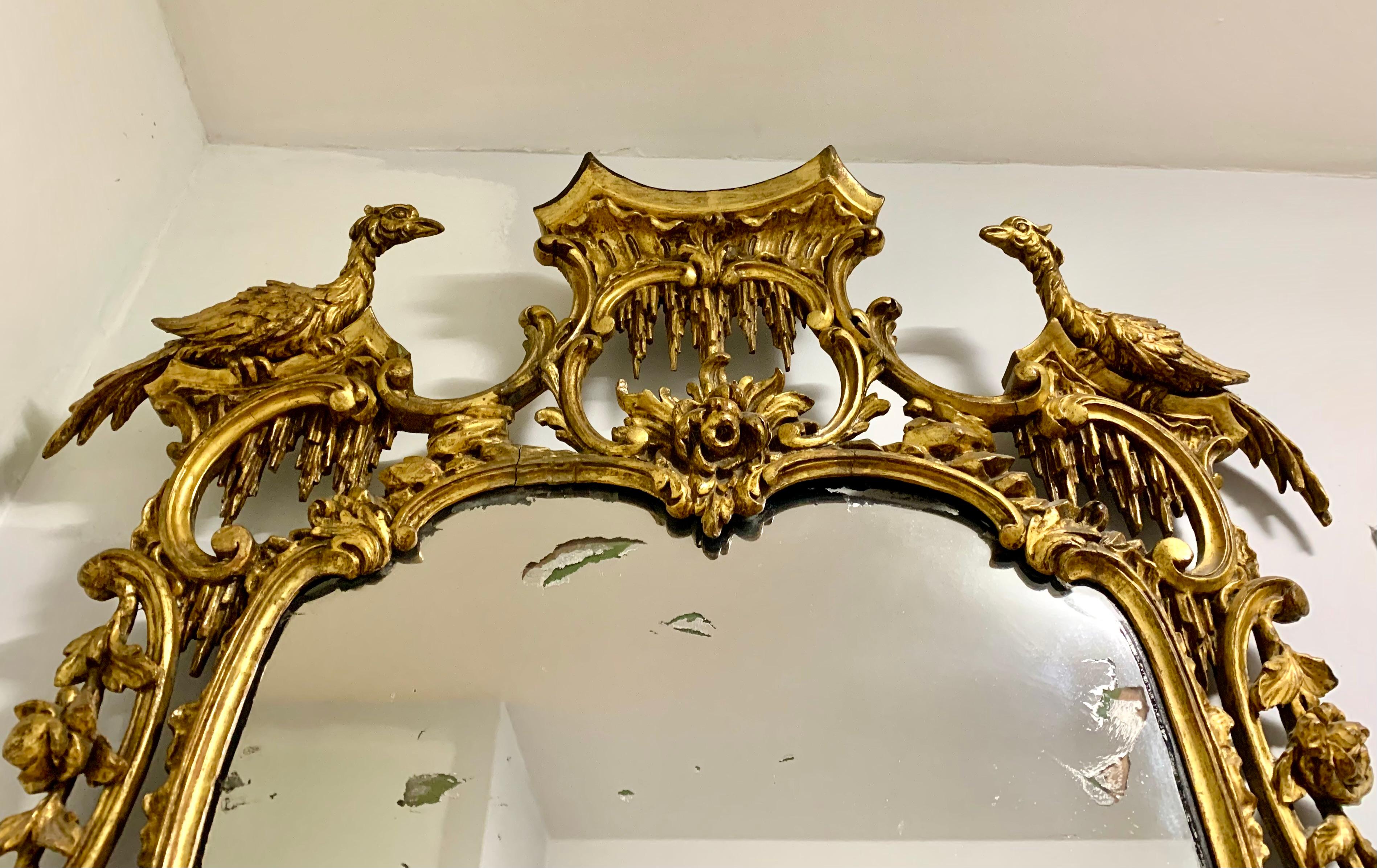 Magnificent 18th Century Chinese Chippendale Ho-Ho Bird Carved Giltwood Mirror For Sale 1