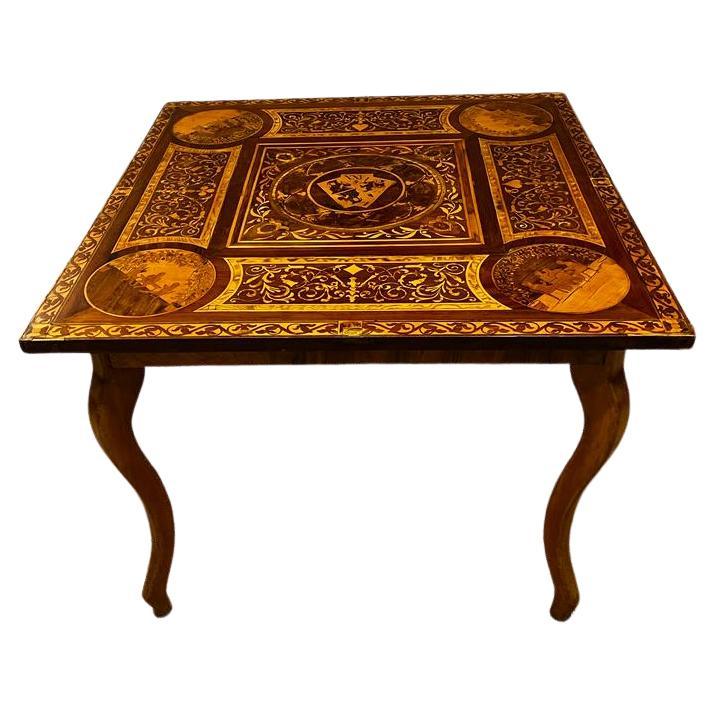 Magnificent 18th Century Detailed Wood Inlay Baroque Game Table ca 1780 For Sale