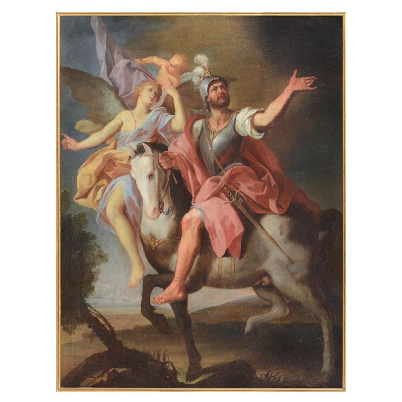 Prächtiges Gemälde der französischen Schule aus dem 18. Jahrhundert "Heiliger Ritter, der von einem Engel geführt wird" im Angebot