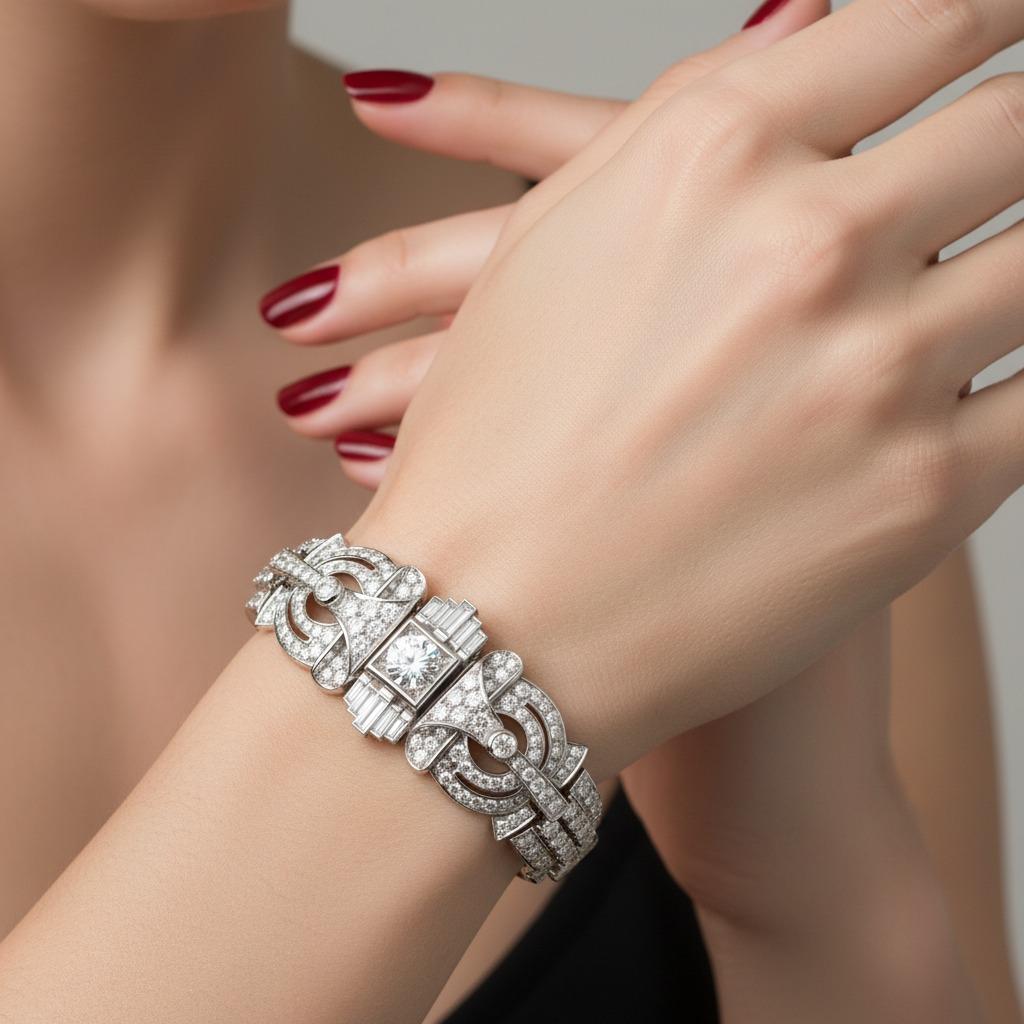 Taille vieille Europe Magnifique bracelet en platine et diamants Art déco français de 1930 en vente