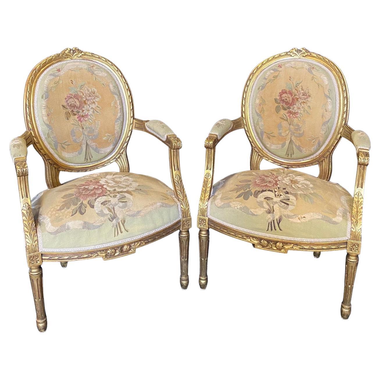Prächtiges Paar oder Satz von 4 Sesseln aus dem 19. Jahrhundert mit Aubusson-Wandteppichpolsterung, Paar im Angebot