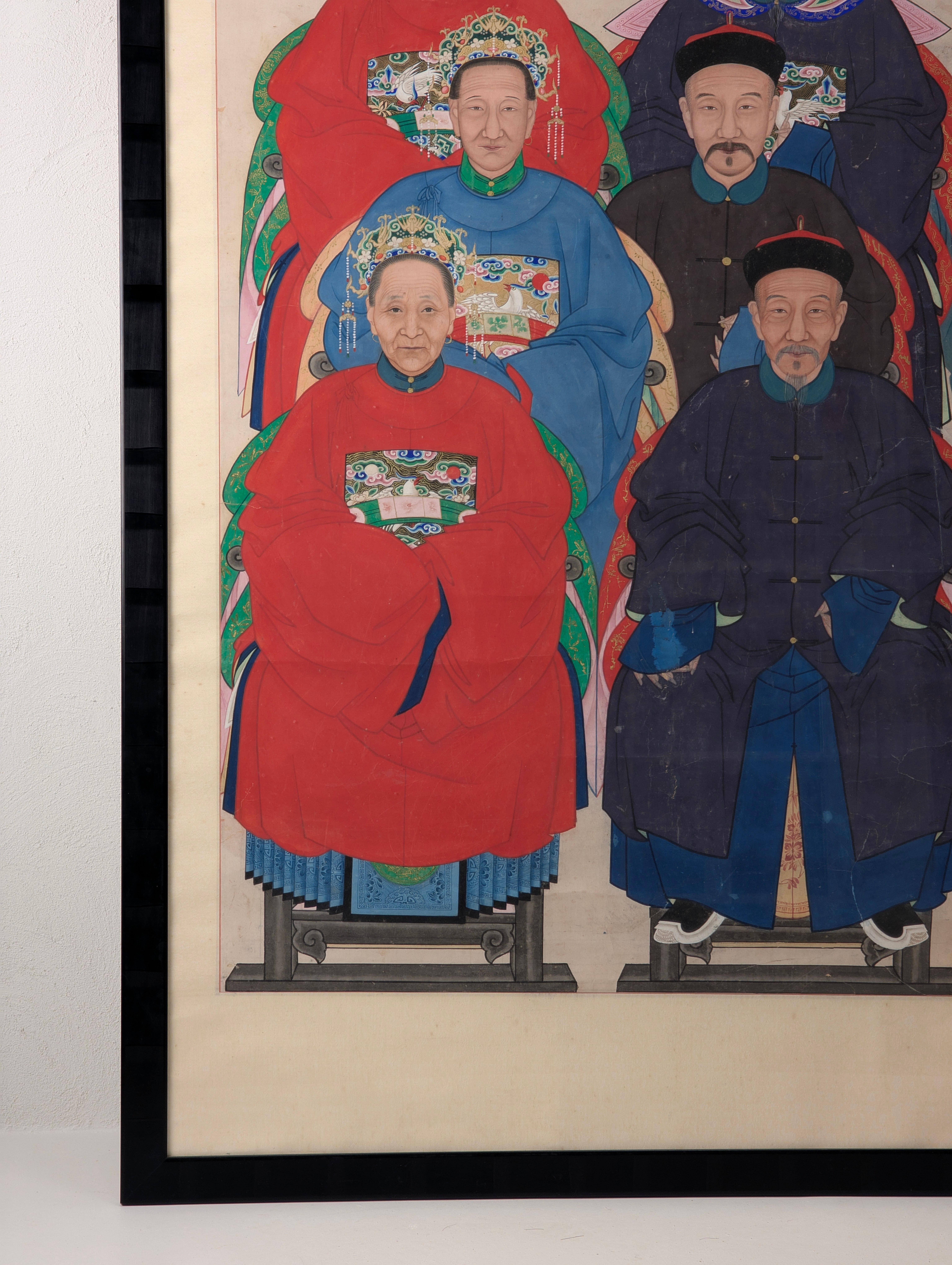 Peint �à la main Magnifique portrait ancestral chinois du XIXe siècle de la cour des Qing en vente