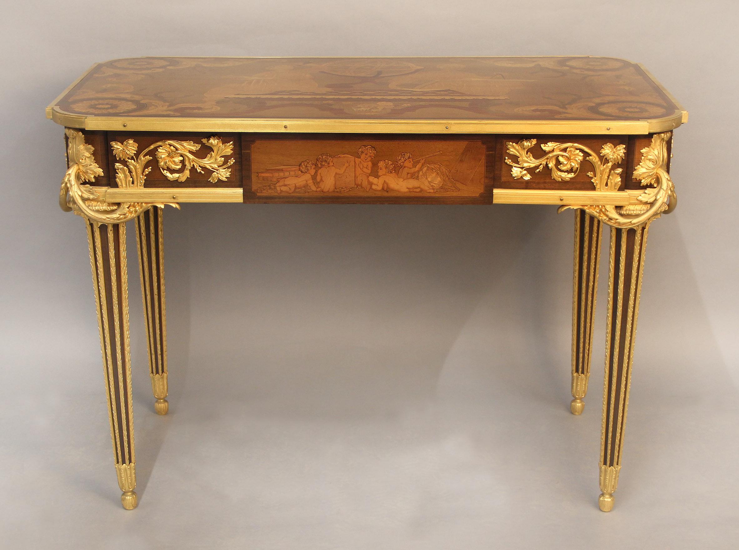 A Magnificent Late 19th Century Louis XVI Style Gilt Bronze Mounted Inlaid Marquetry ‘Table Des Muses’ By Beurdeley

Emmanuel-Alfred Beurdeley

Also widely known as the “Arts and Science” table, the Amaranth, Bois Satiné and Sycamore inlaid