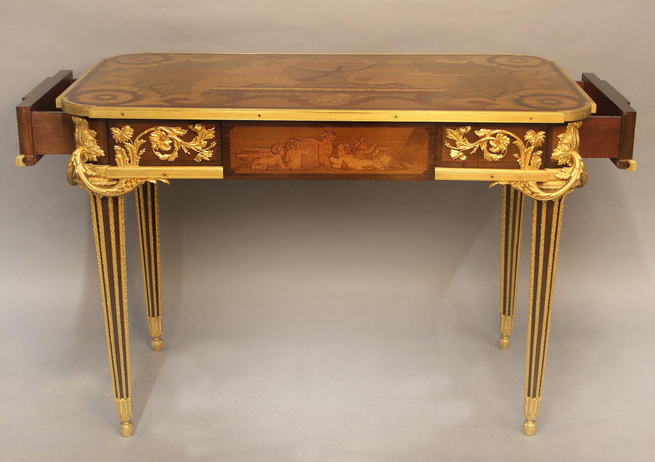 French Magnificent 19th Century Gilt Bronze Marquetry ‘Table Des Muses’ By Beurdeley For Sale