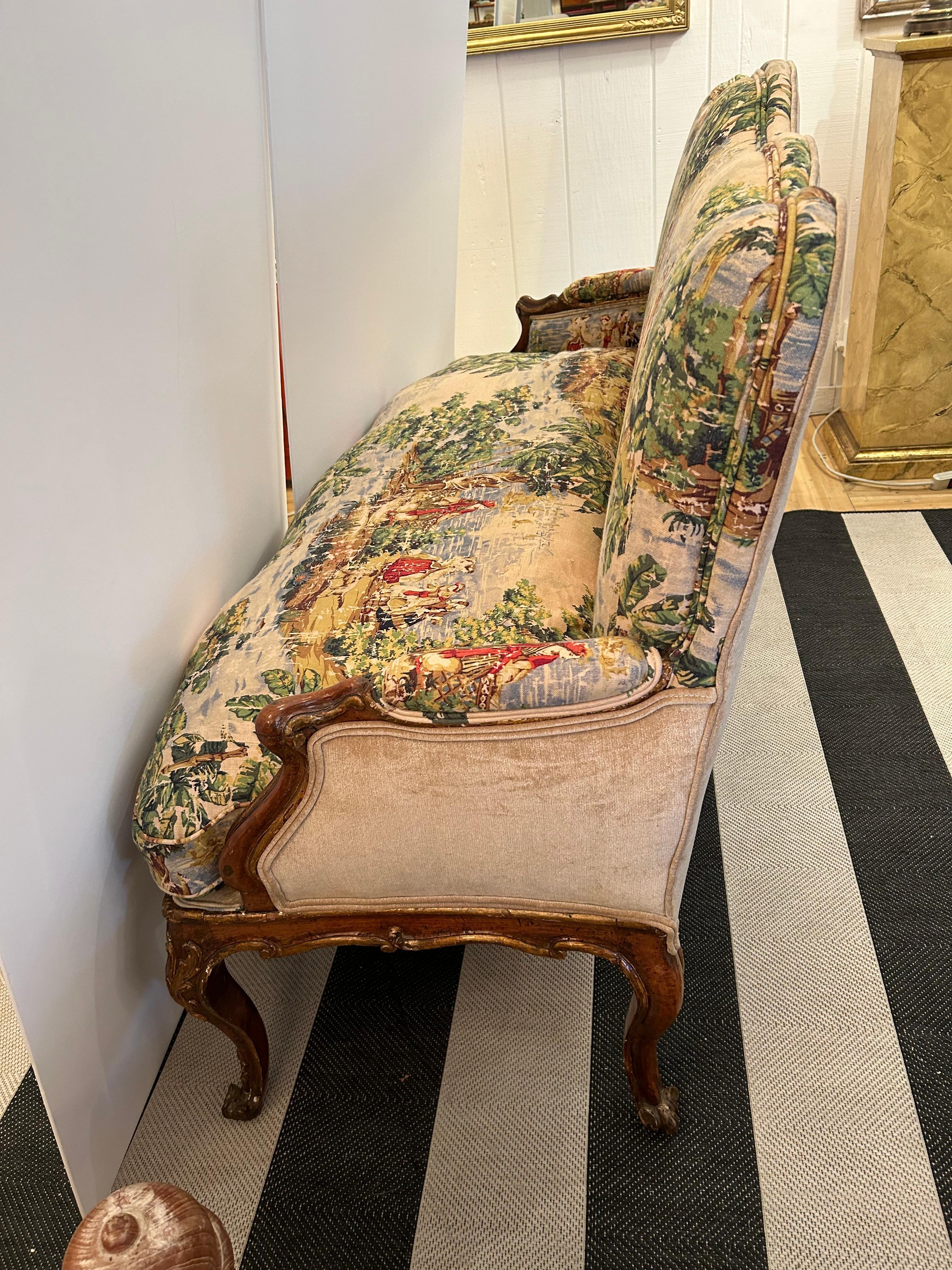 Magnifique banquette Louis XVI du 19ème siècle en bois doré avec nouveau tissu d'ameublement en vente 12