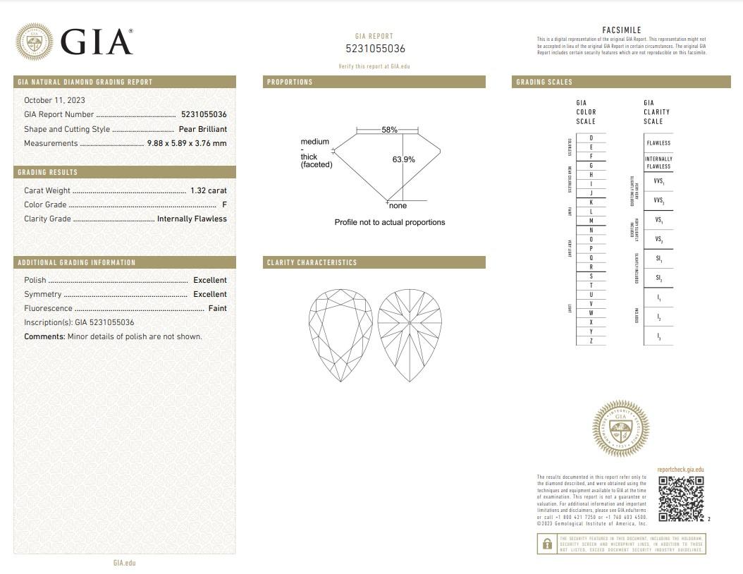 Magnifique diamant naturel taille idéale 1 pièce/1,32 ct - certifié GIA

Elle est ornée d'un magnifique diamant de taille idéale en forme de poire de 1,32 carat. Ce diamant de taille idéale est accompagné d'un certificat GIA qui garantit son