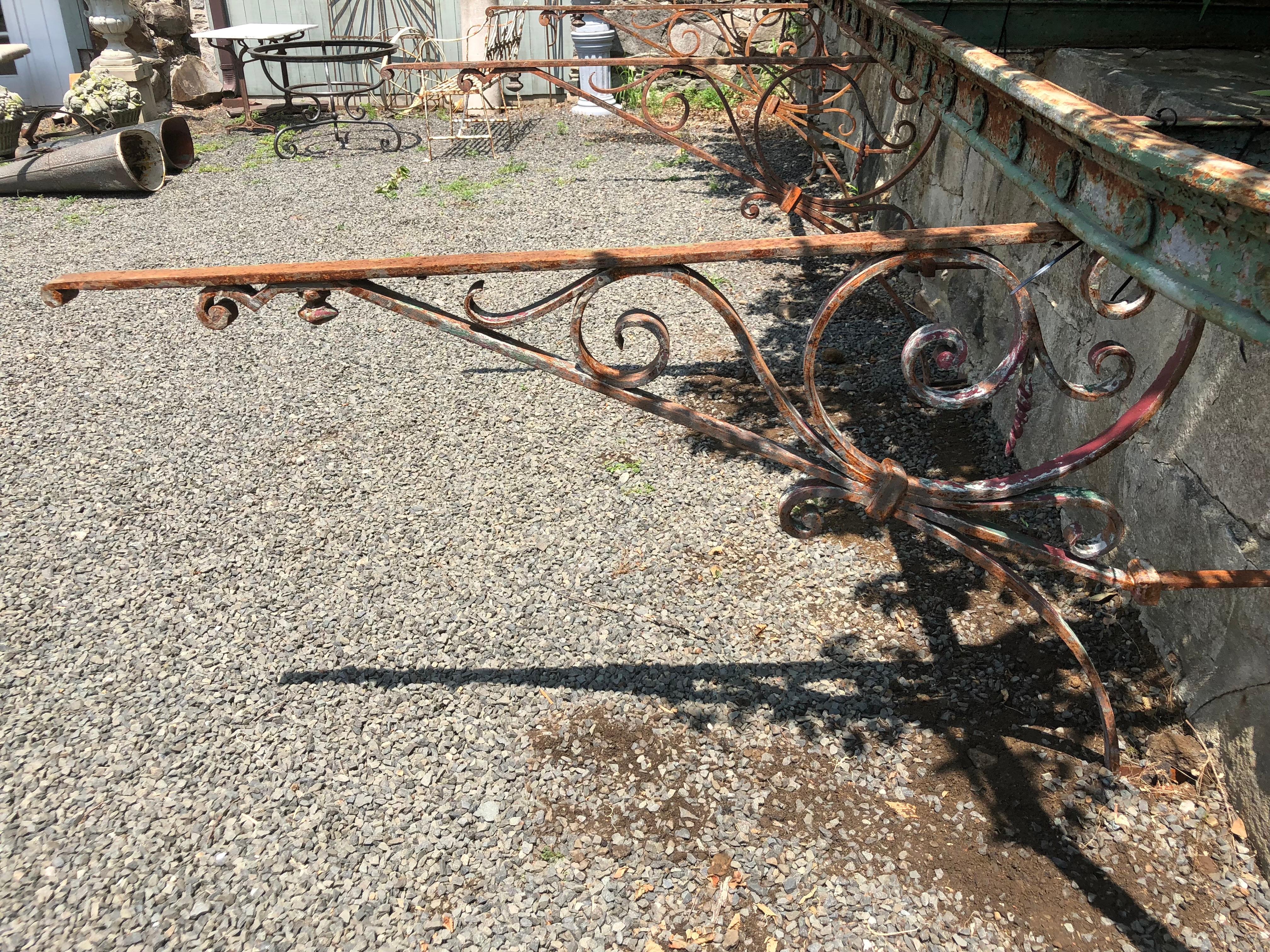 Magnificent 24 Foot Long French Wrought Iron Pergola with Original Brackets For Sale 6