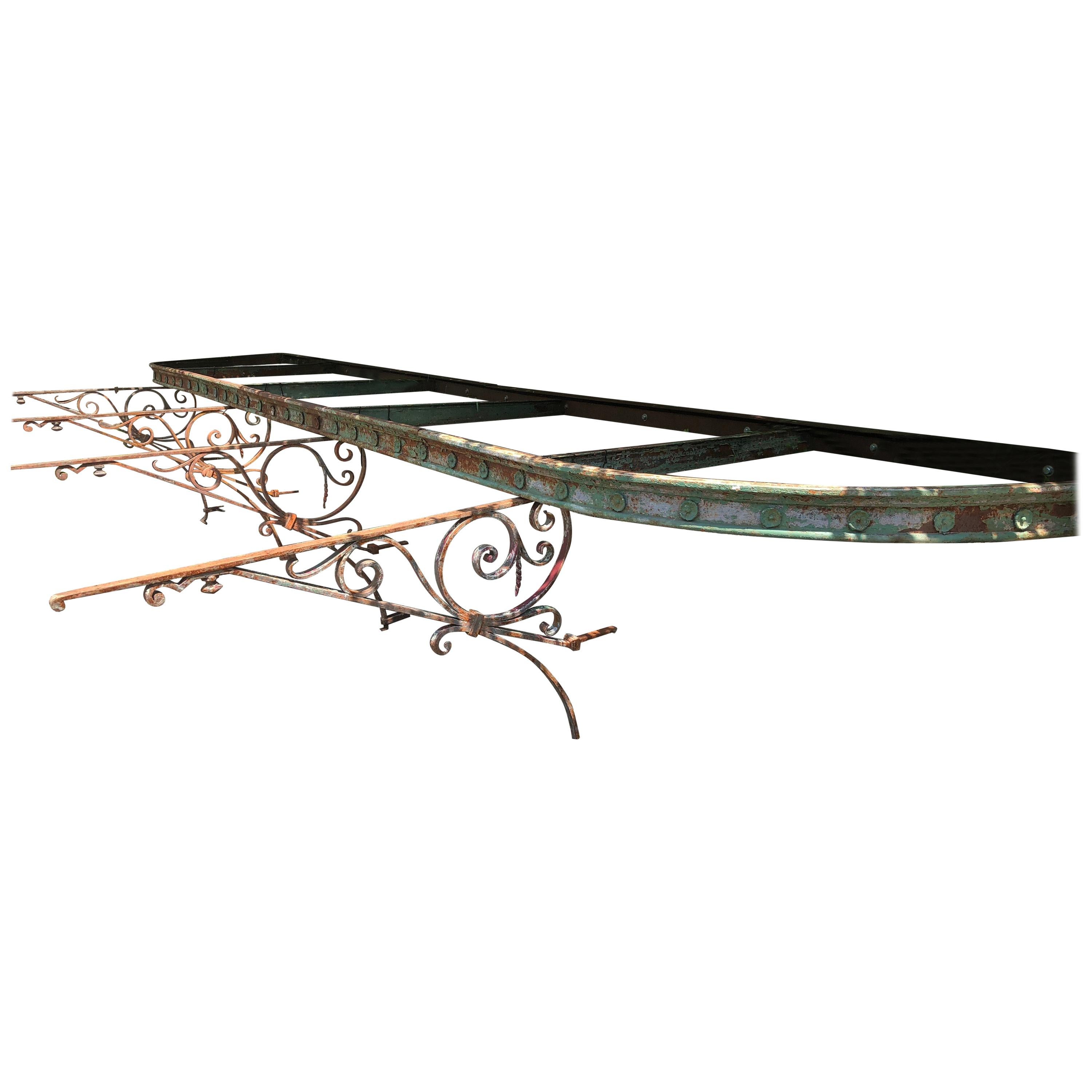 Magnificent 24 Foot Long French Wrought Iron Pergola with Original Brackets For Sale