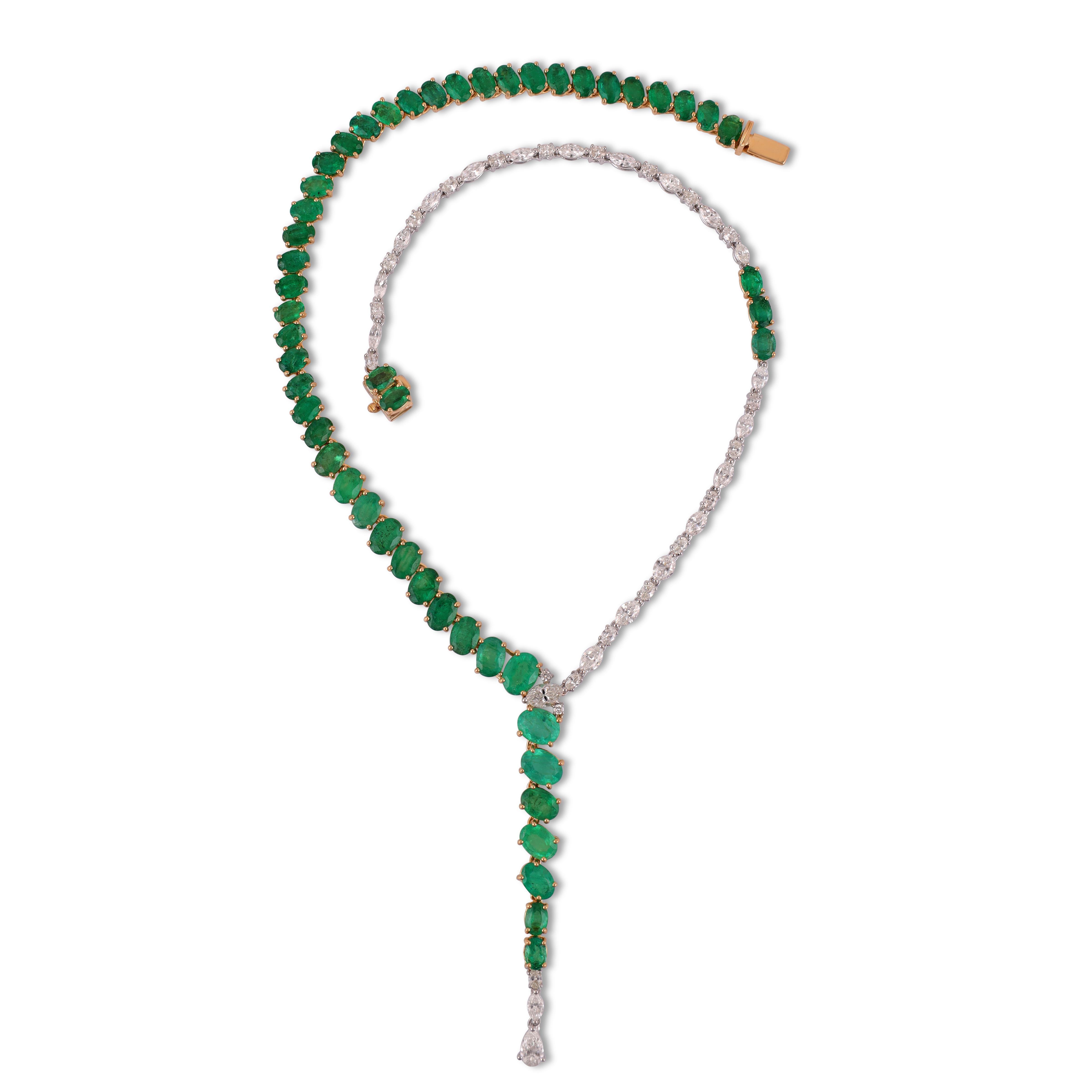 Magnificent Emerald & Diamond Necklace
Emerald necklace with 51 Oval shaped emeralds approximately 26.73 cts.
21 diamonds approximately 1.65 cts Full cut 
21 diamonds approximately 3.53 cts Rose cut 
 26.67gm Gold 18k
With Earrings  
Earrings