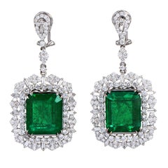 Magnificent 27.08cts Emerald Diamond 18K White Gold Halo Dangle Drop Earrings