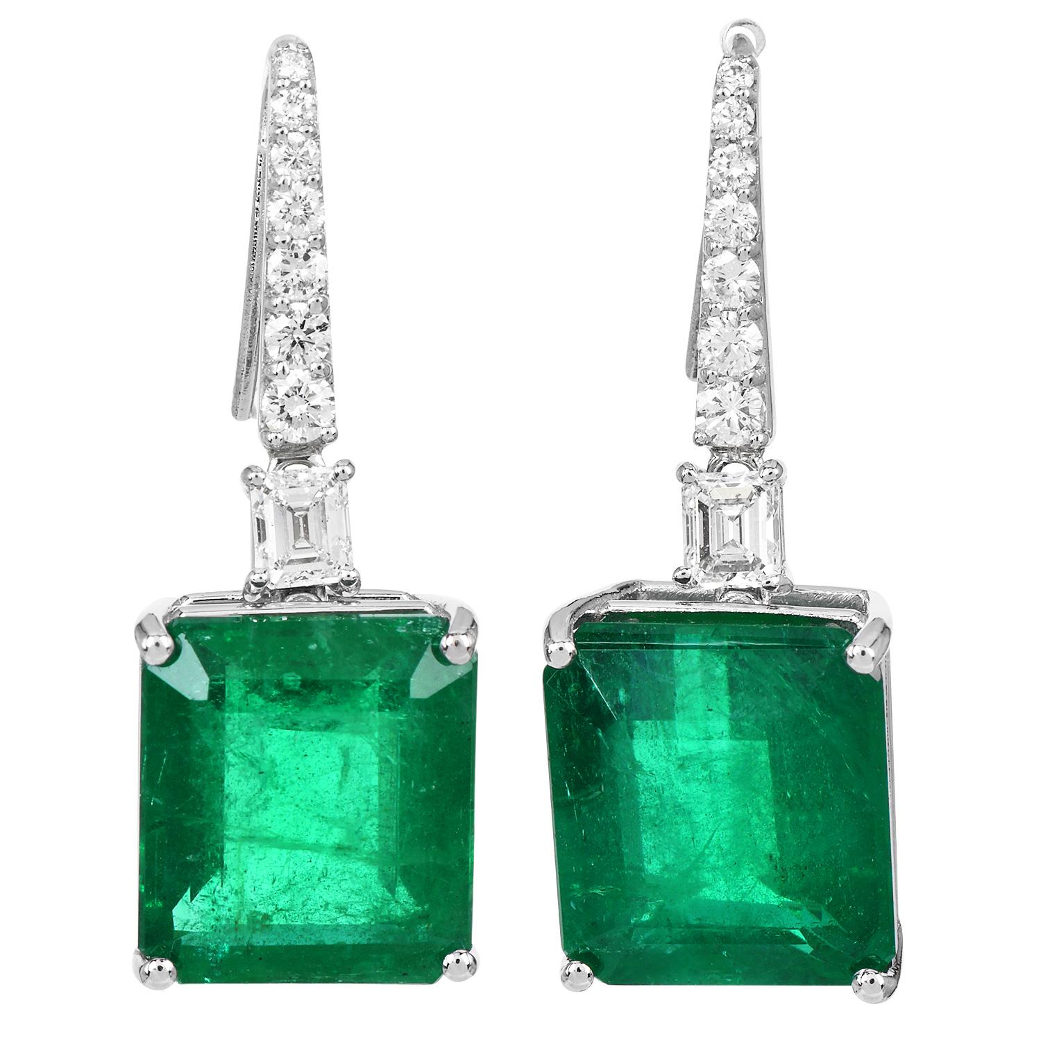Emerald Cut Magnificent 27.75 Carat Emerald Diamond 18k Gold Drop Earrings For Sale