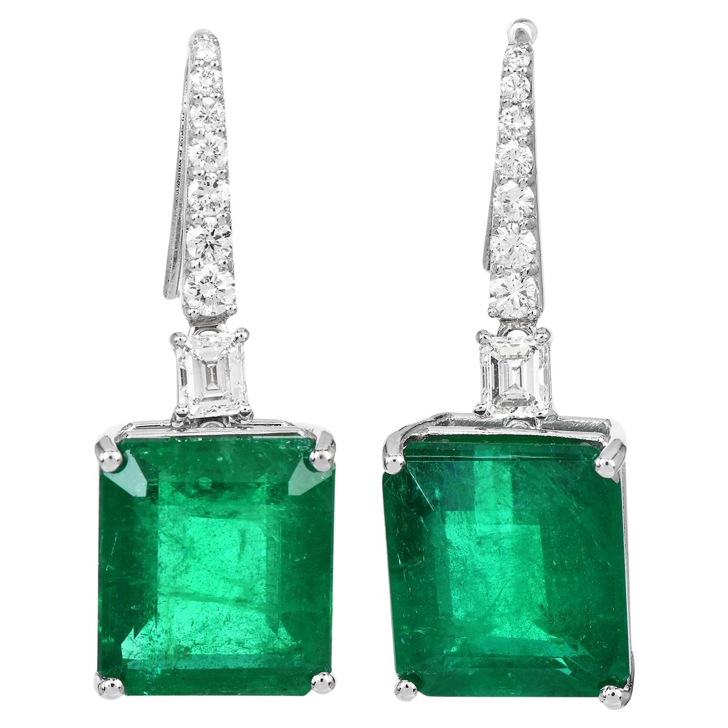 Magnificent 27.75 Carat Emerald Diamond 18k Gold Drop Earrings For Sale