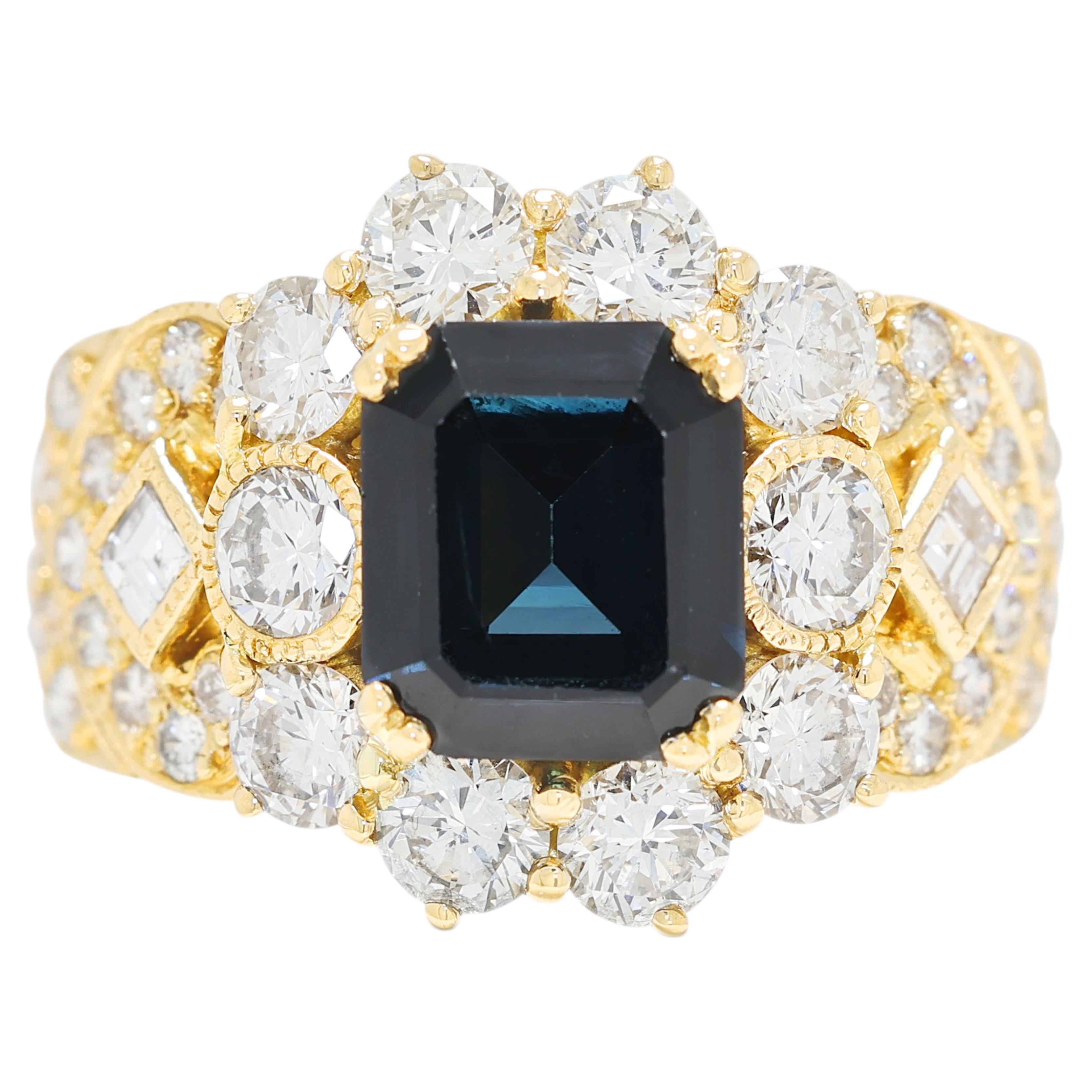Magnifique bague en or jaune 18K avec saphir bleu et diamant de 3,35ct