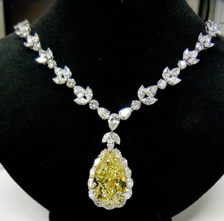 Magnificent 35.31 Carat Fancy Intense Yellow Pear Diamond Necklace For
