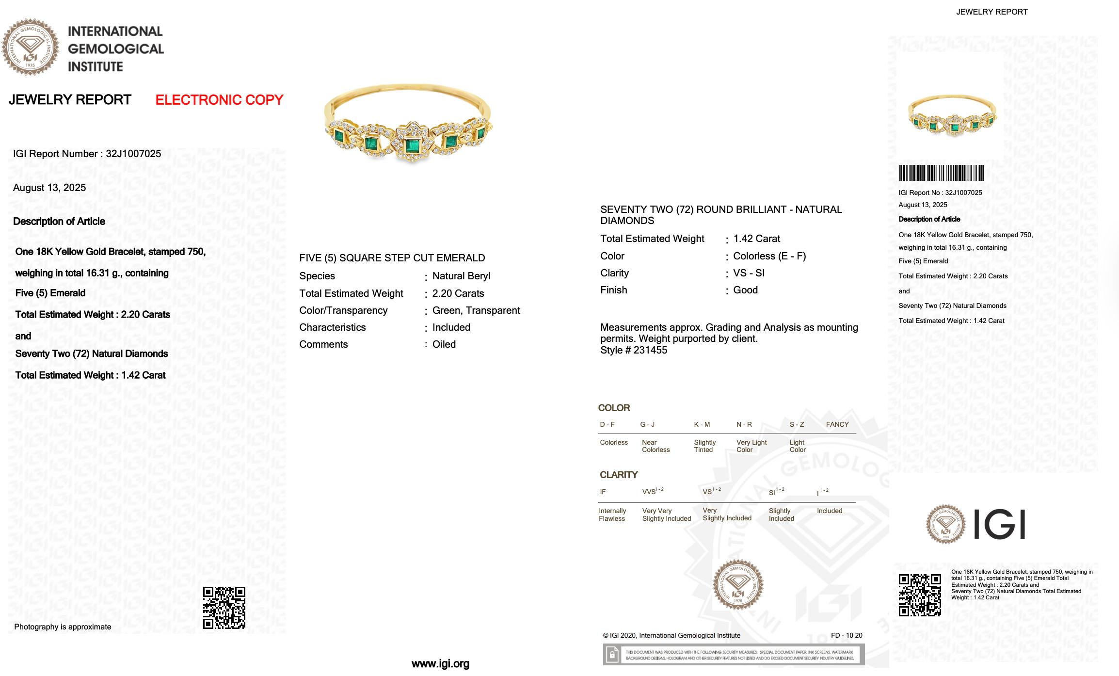 Women's Magnificent 3.62ct Emeralds and Diamonds Bracelet in 18k Yellow Gold For Sale