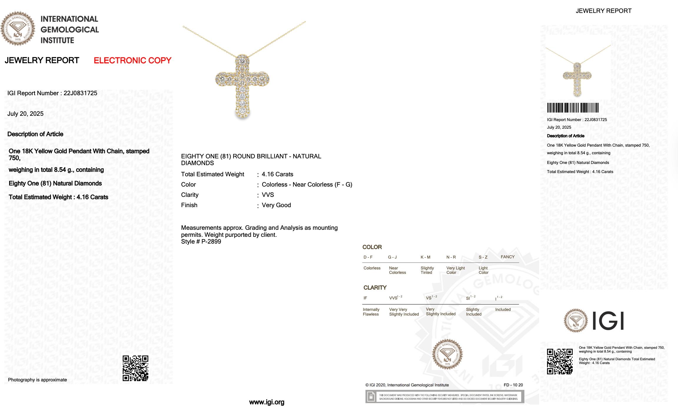Women's Magnificent 4.16ct Diamonds Necklace with Cross Pendant in 18k Yellow Gold For Sale