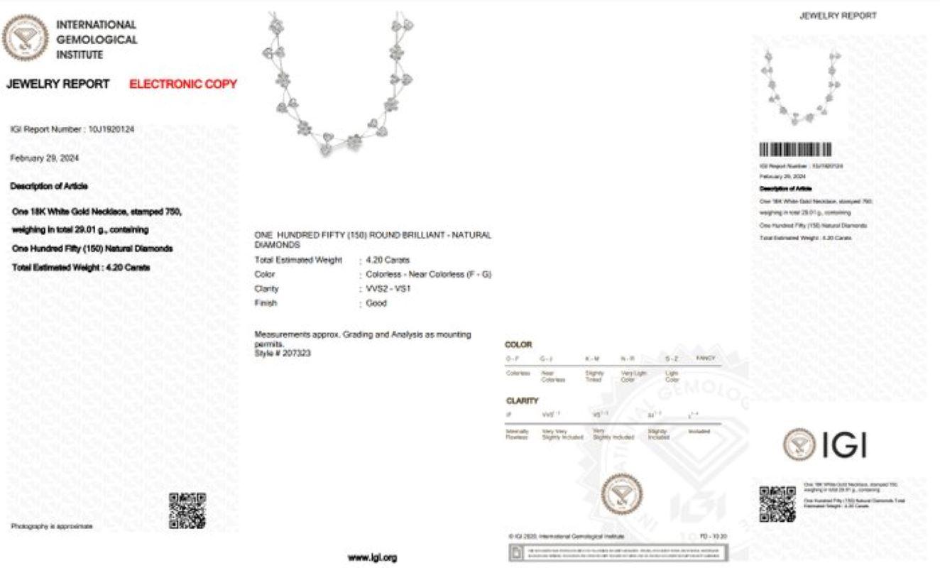 Magnificent 4.20 Carat Round Brilliant Diamond Necklace in 18K White Gold For Sale 1