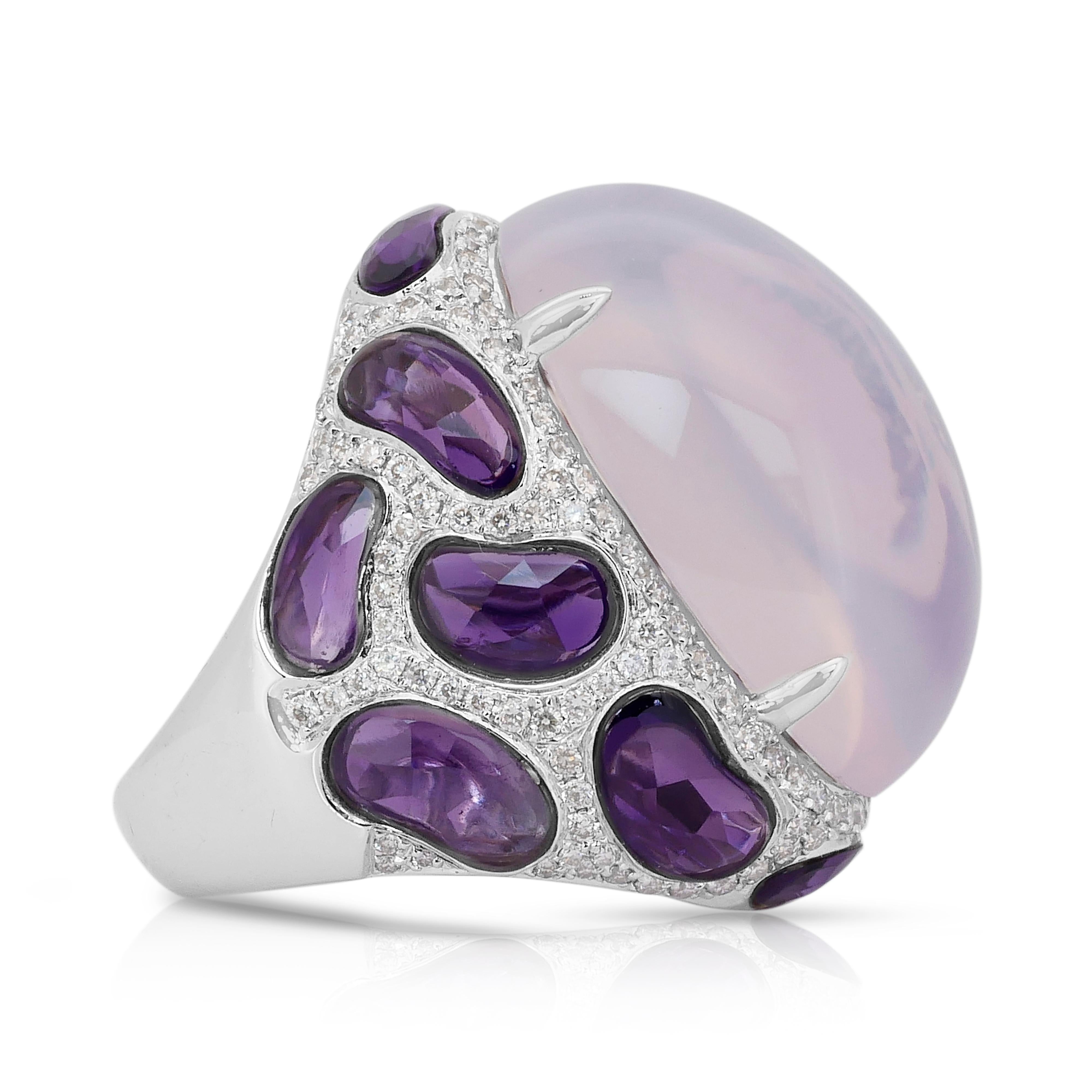 Oval Cut Magnificent 42.66ct Chalcedony, Amethysts, and Diamonds Cocktail Ring For Sale
