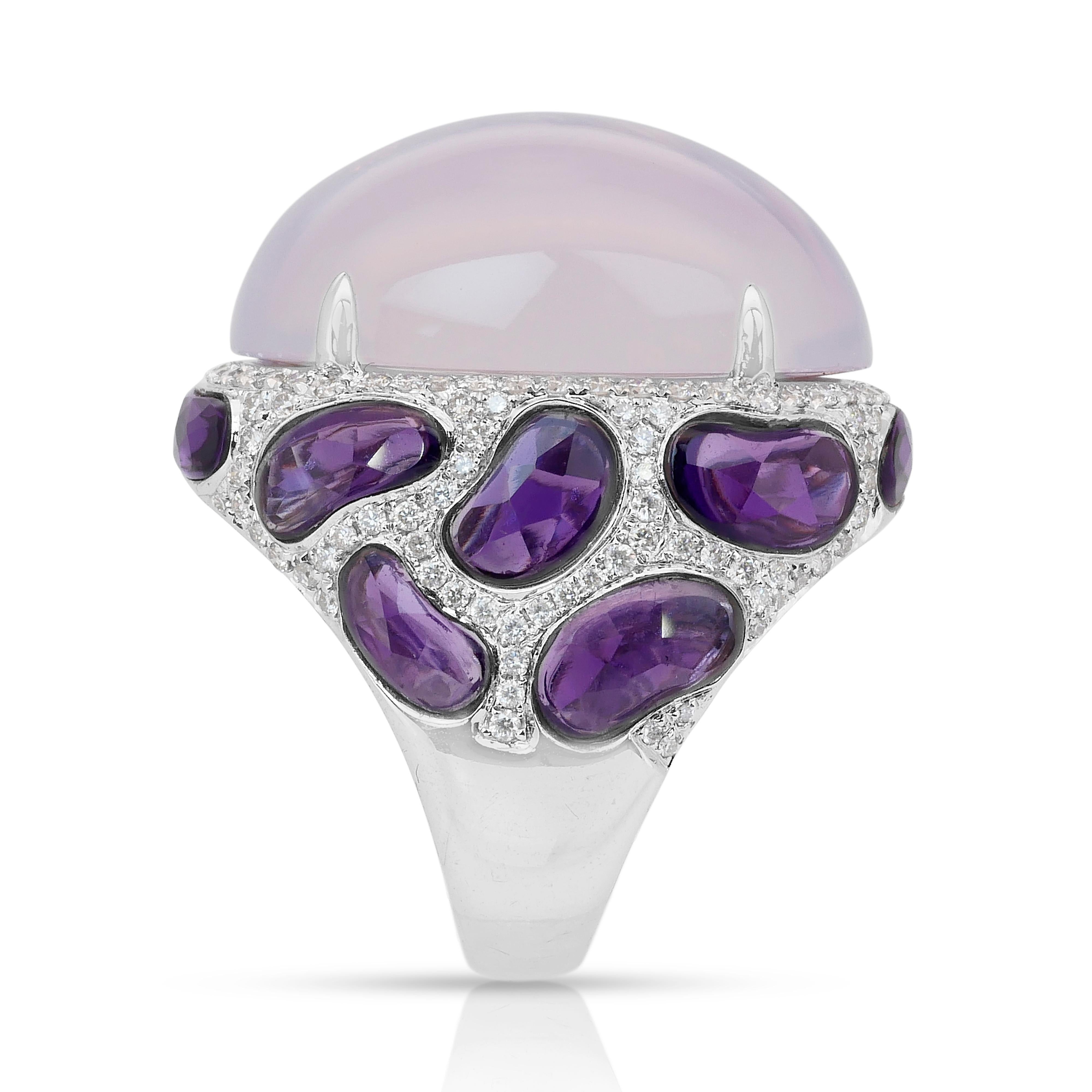 Magnificent 42.66ct Chalcedony, Amethysts, and Diamonds Cocktail Ring For Sale 1