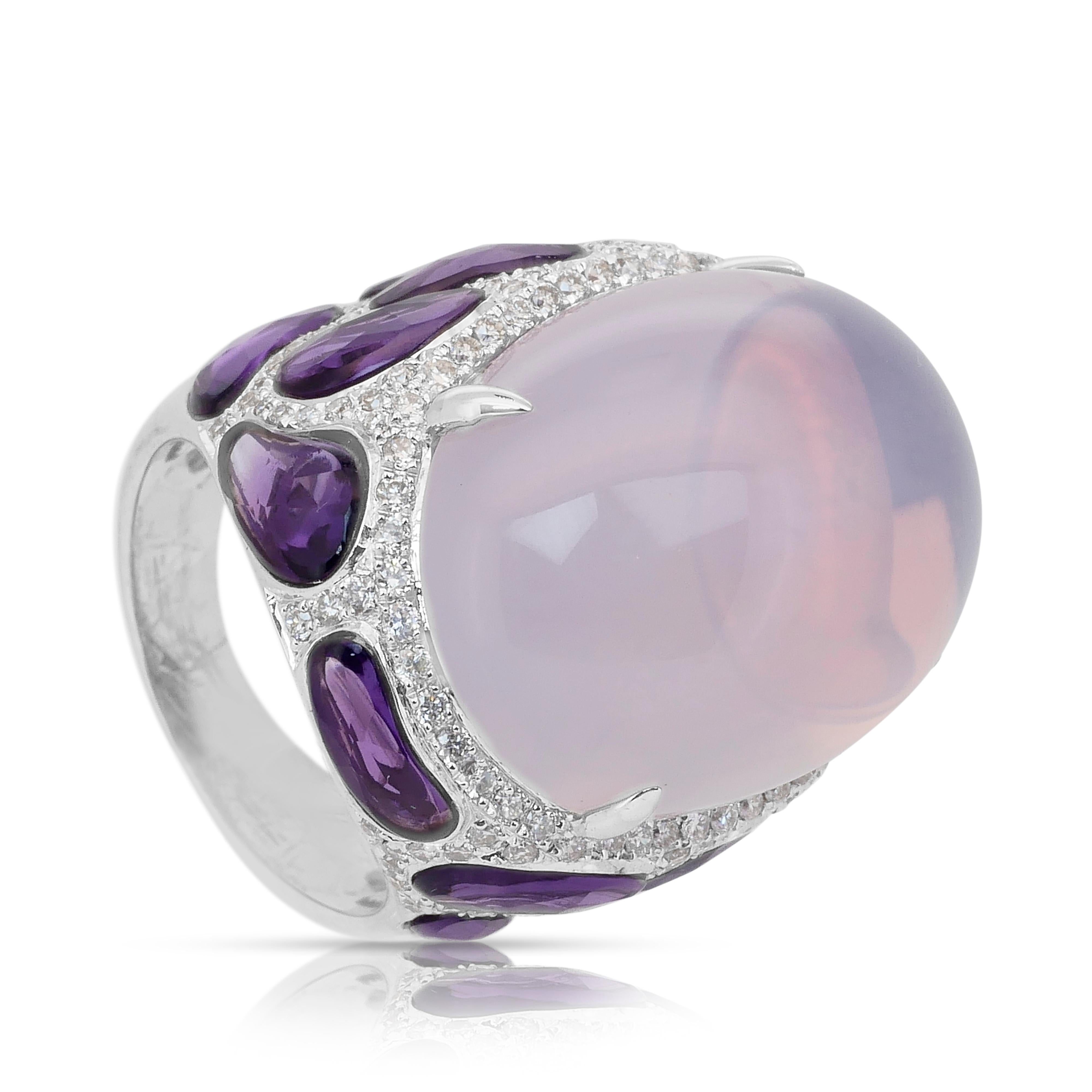 Magnificent 42.66ct Chalcedony, Amethysts, and Diamonds Cocktail Ring For Sale 2