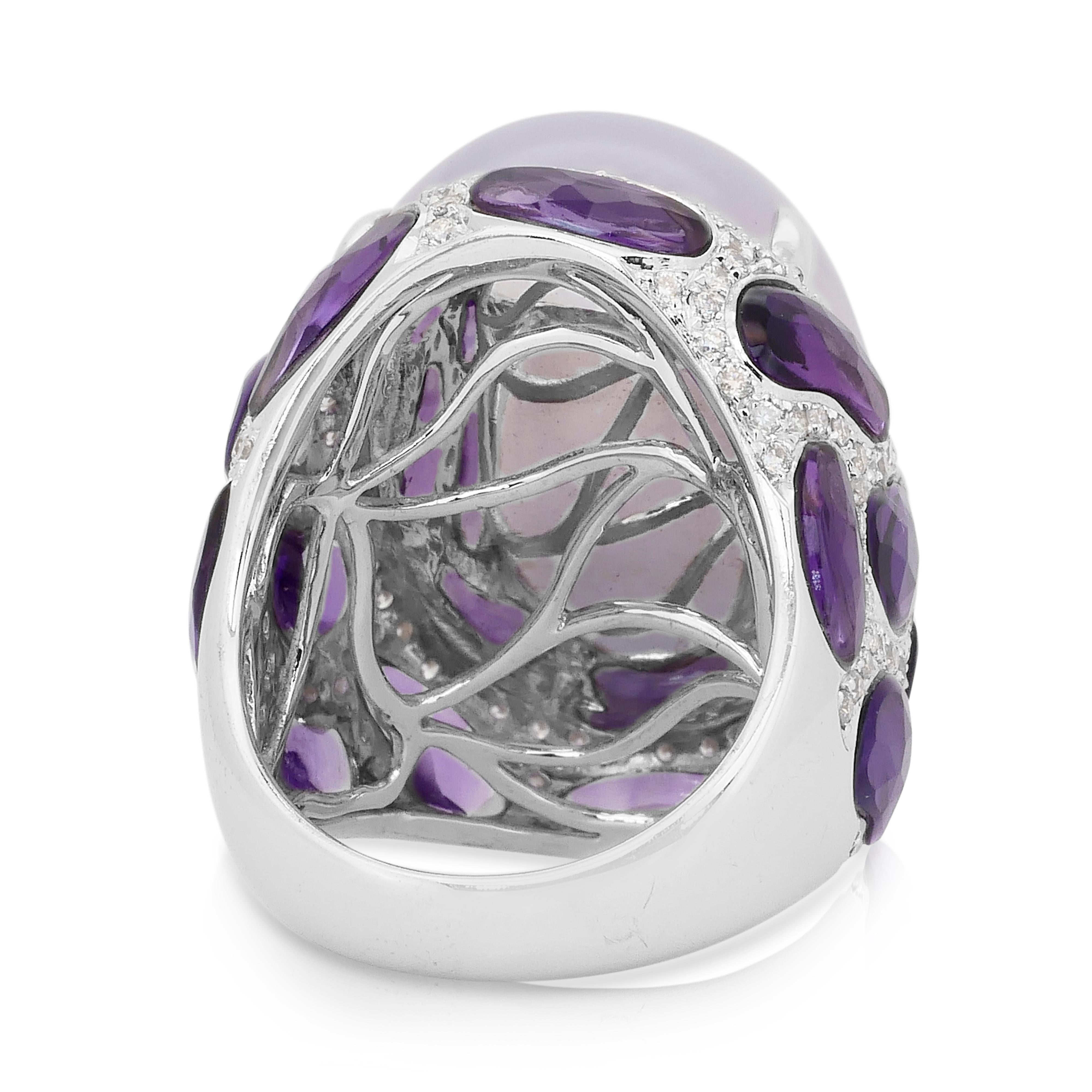 Magnificent 42.66ct Chalcedony, Amethysts, and Diamonds Cocktail Ring For Sale 3