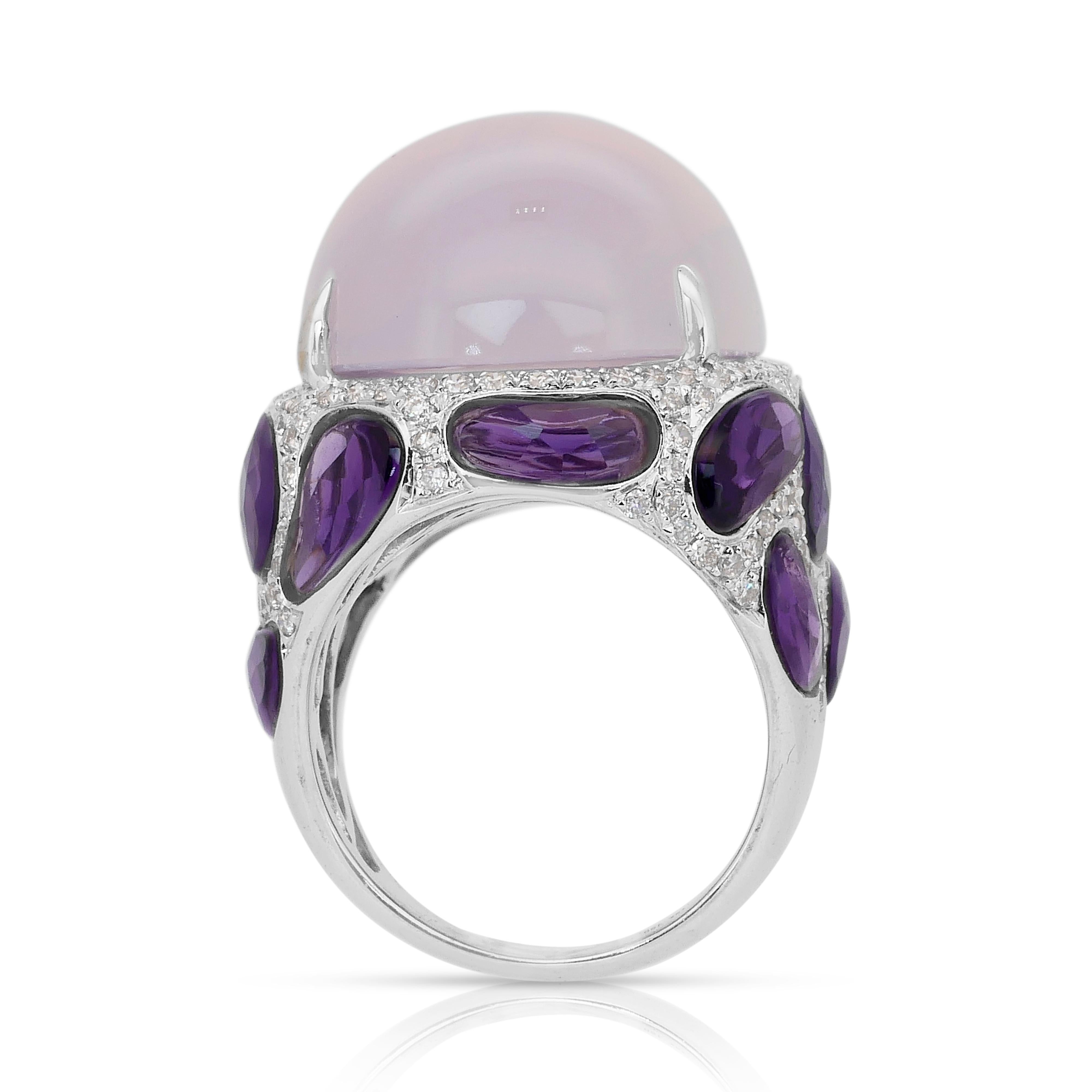 Magnificent 42.66ct Chalcedony, Amethysts, and Diamonds Cocktail Ring For Sale 4