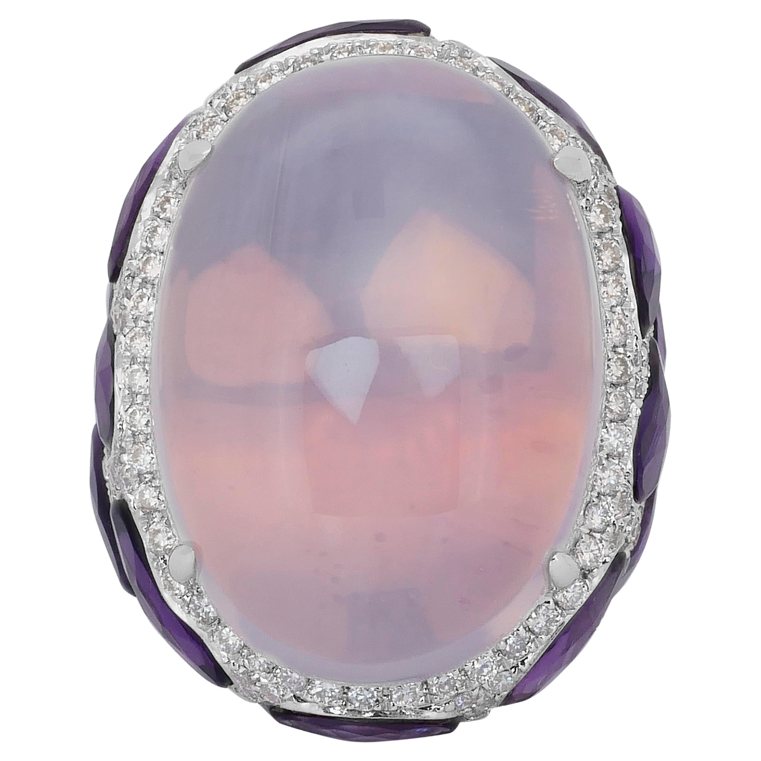 Magnificent 42.66ct Chalcedony, Amethysts, and Diamonds Cocktail Ring For Sale