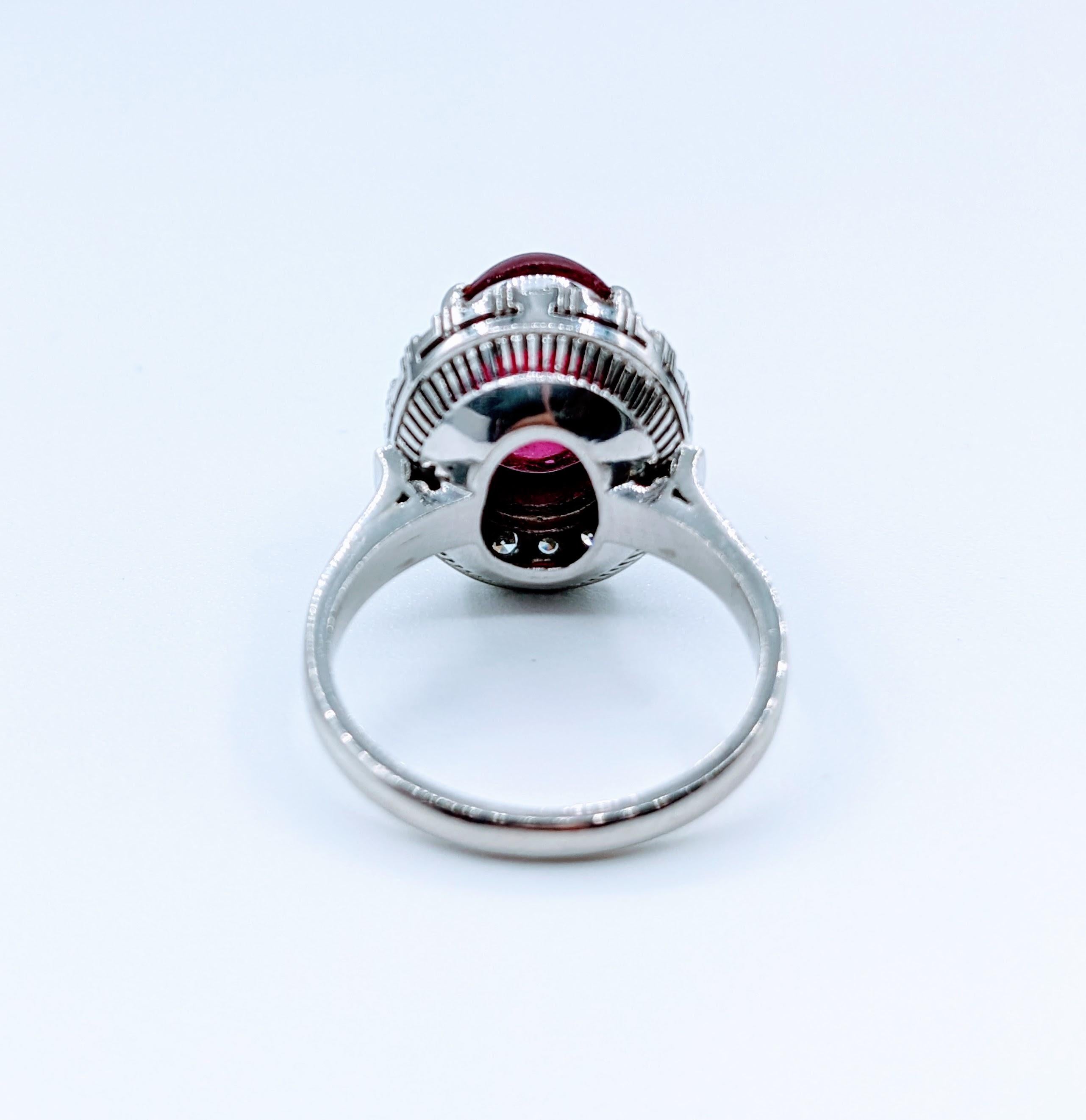 Magnificent 4.43ct Rubellite Cabochon Tourmaline & Diamond Platinum Ring In Excellent Condition For Sale In Bloomington, MN