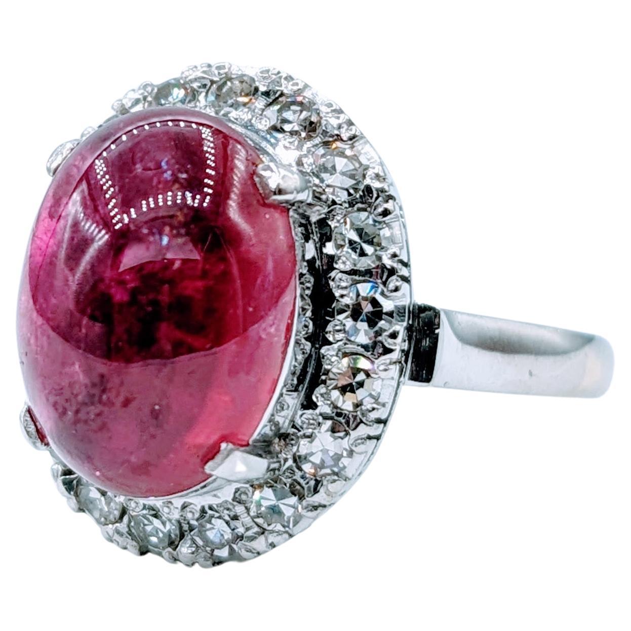 Magnificent 4.43ct Rubellite Cabochon Tourmaline & Diamond Platinum Ring