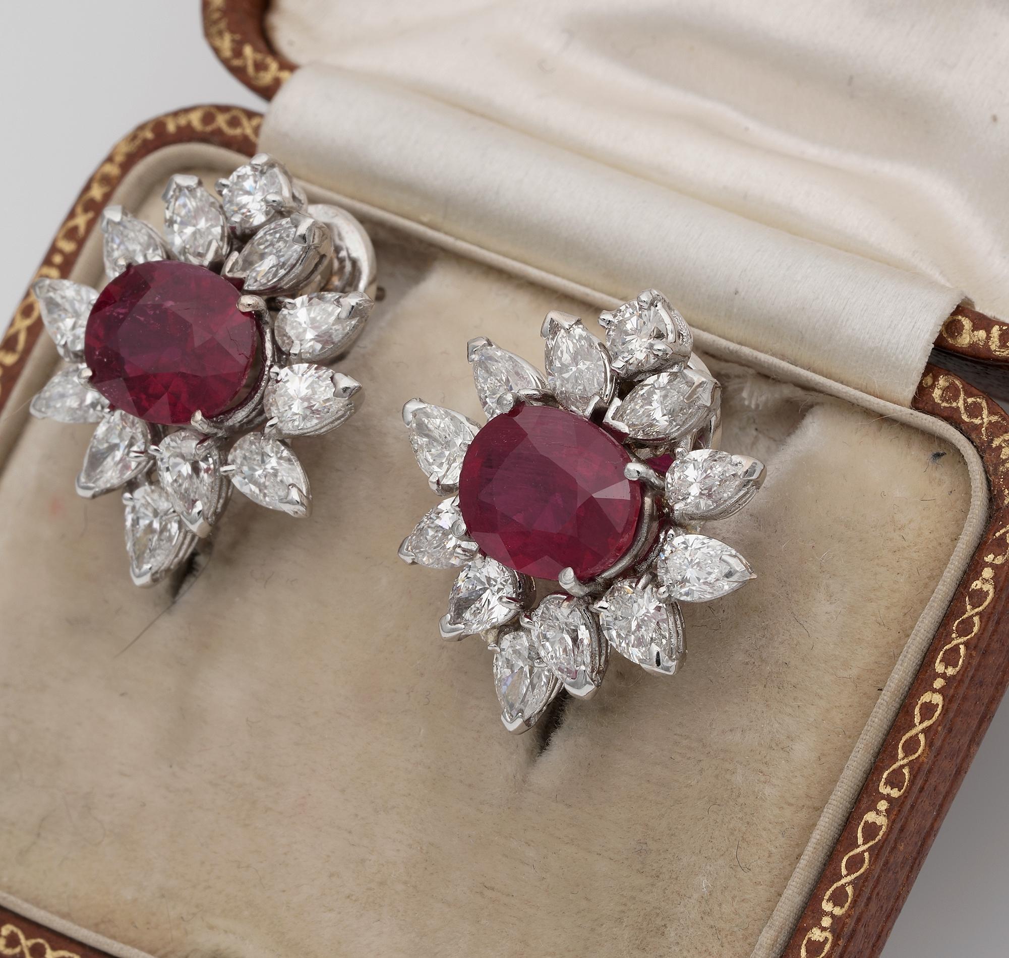 Oval Cut Magnificent 6.46 Carat Natural Ruby 4.60 Carat Diamond Midcentury Earrings For Sale