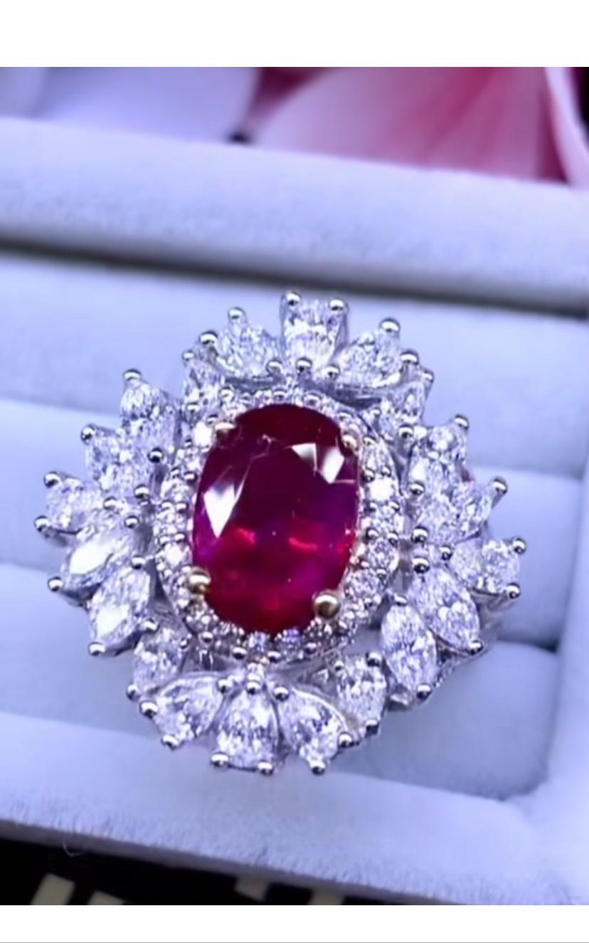 Oval Cut GFCO Certified 3.63 ct Untreated Ruby   2.34 Ct Diamonds 18K Gold Ring  For Sale