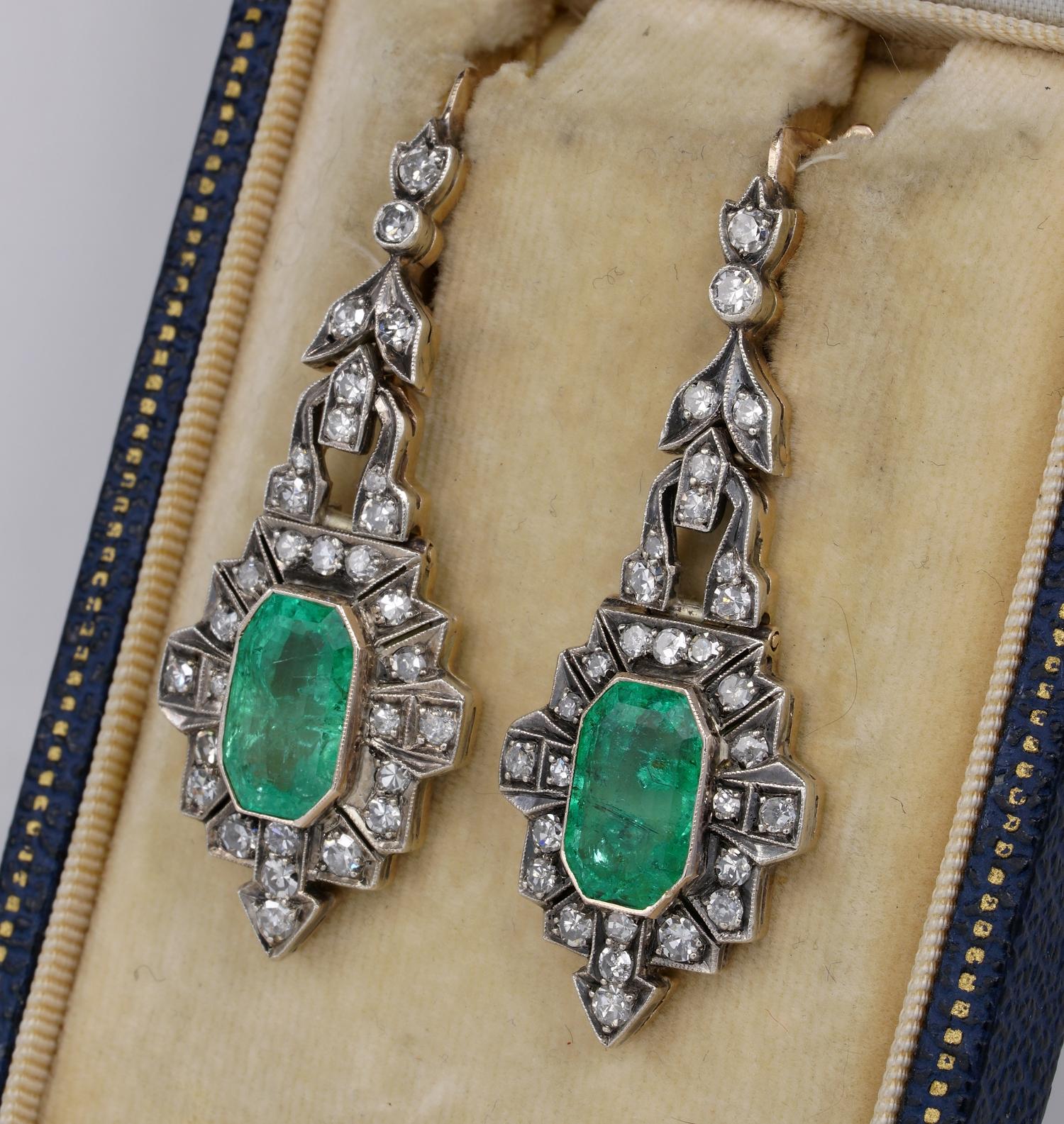 Edwardian Magnificent 7.20 Carat Colombian Emerald 2.60 Carat Diamond Rare Drop Earrings