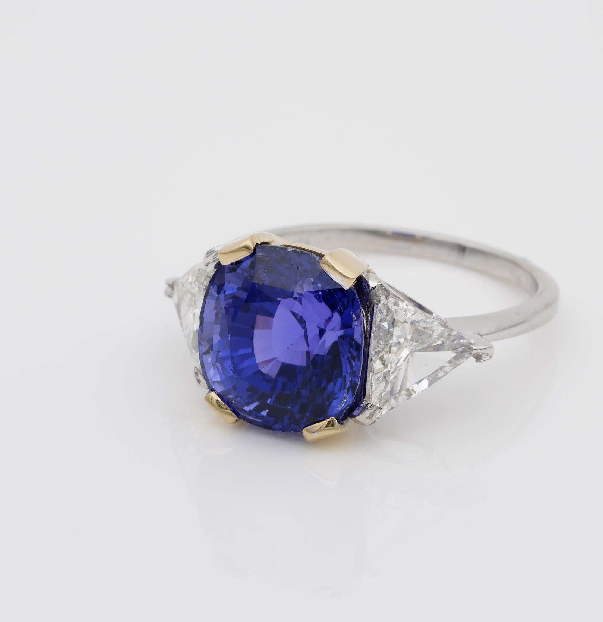 Trillion Cut Magnificent 7.33 Ct No Heat Color Change certified Sapphire 1.30 Ct Diamond Ring For Sale