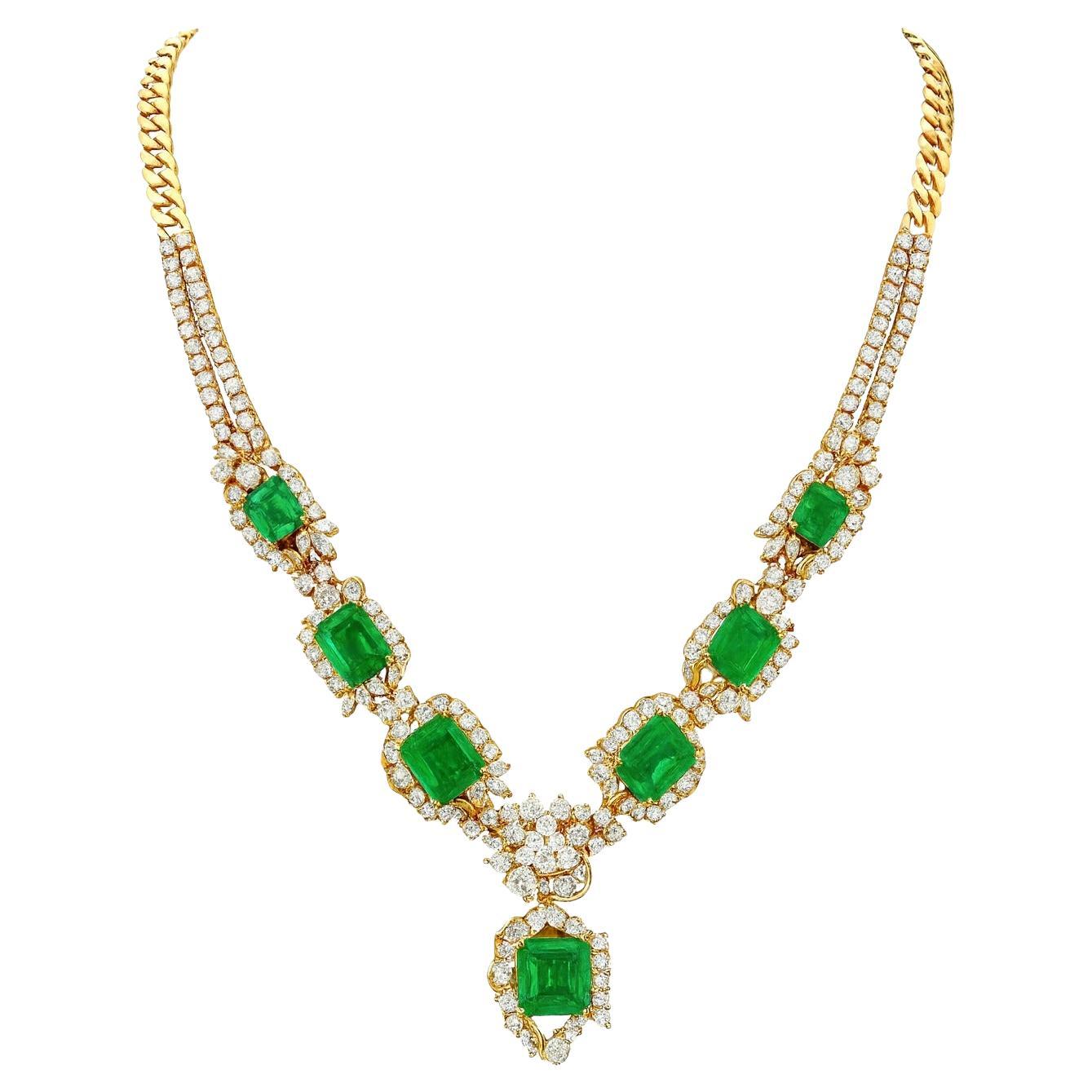 Magnificent 74 Carat Colombian Emerald  Diamond Drop Necklace in 18K