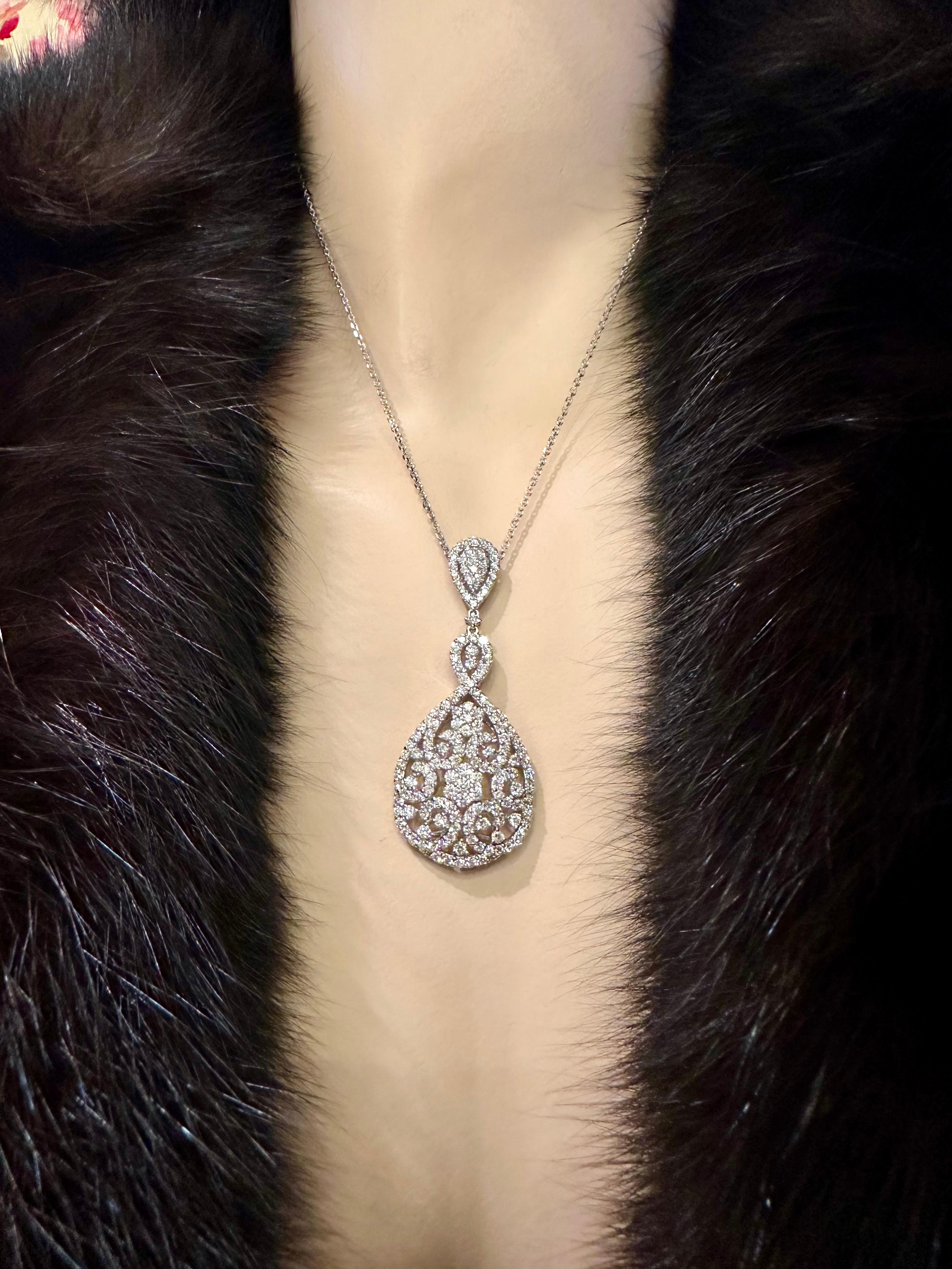 Artisan Magnificent 8.5 Carat Diamond 18K White Gold Pear Shaped Drop Pendant on Chain For Sale