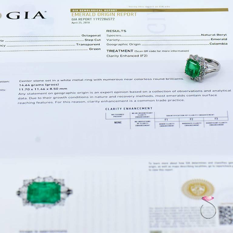 Magnificent 8.50 ct. Fine Colombian Emerald & Diamond Halo Platinum Ring, GIA In Excellent Condition In Honolulu, HI