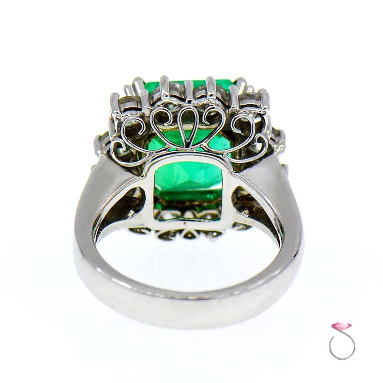 Magnificent 8.50 ct. Fine Colombian Emerald & Diamond Halo Platinum Ring, GIA 3