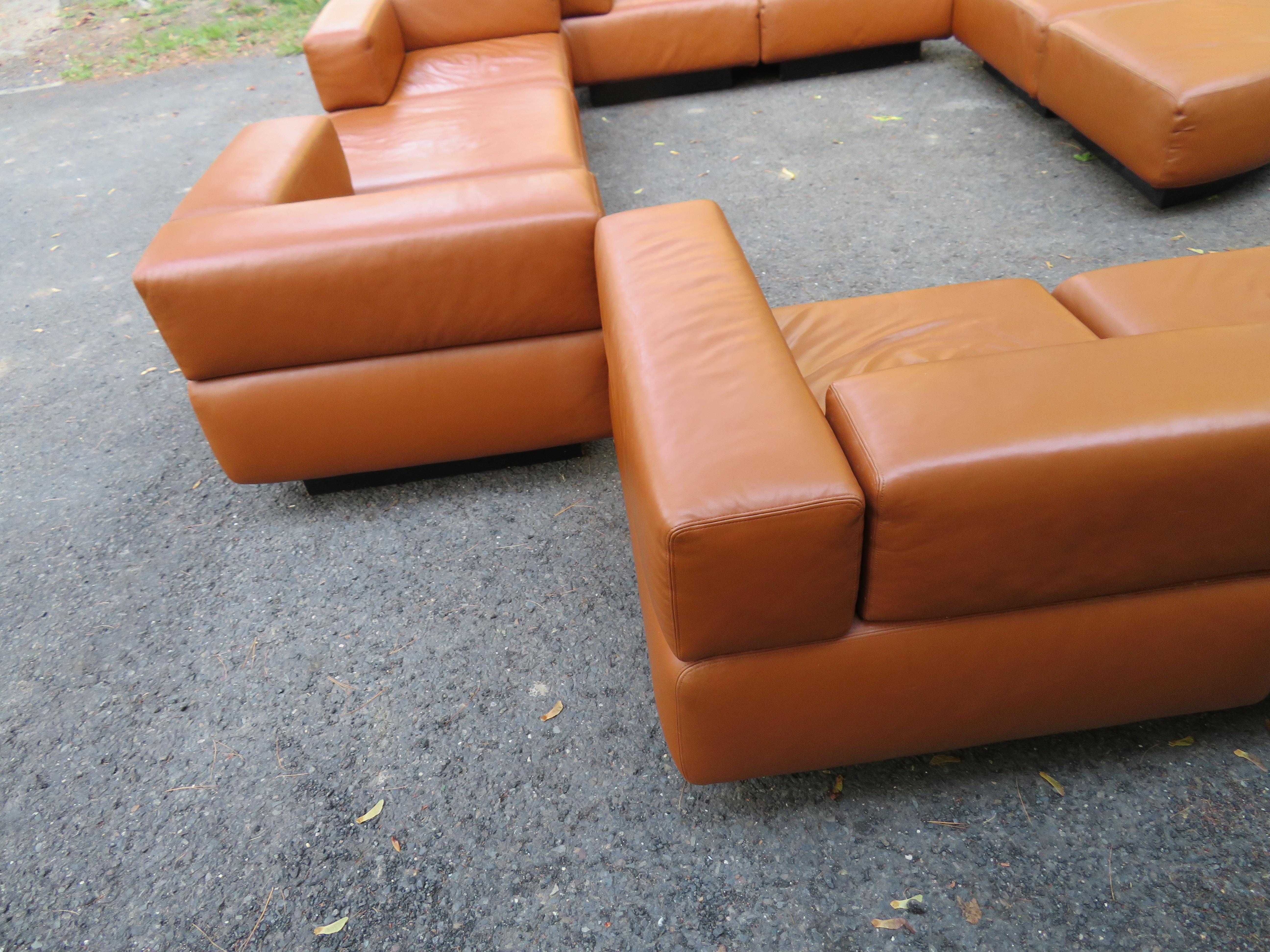 Magnificent 9-Piece Harvey Probber Caramel Brown Leather 'Cubo' Sectional Sofa For Sale 1