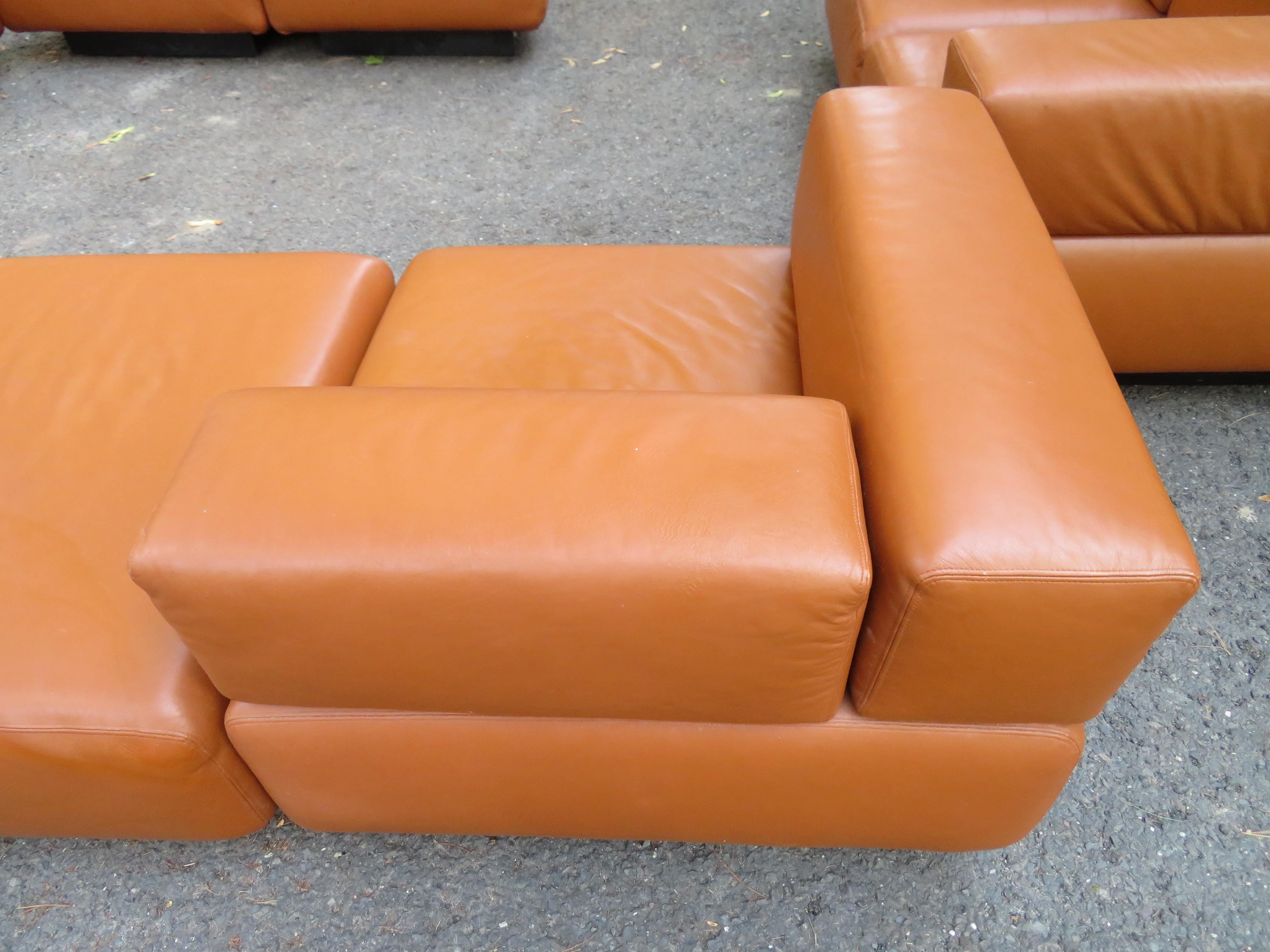 Magnificent 9-Piece Harvey Probber Caramel Brown Leather 'Cubo' Sectional Sofa For Sale 4