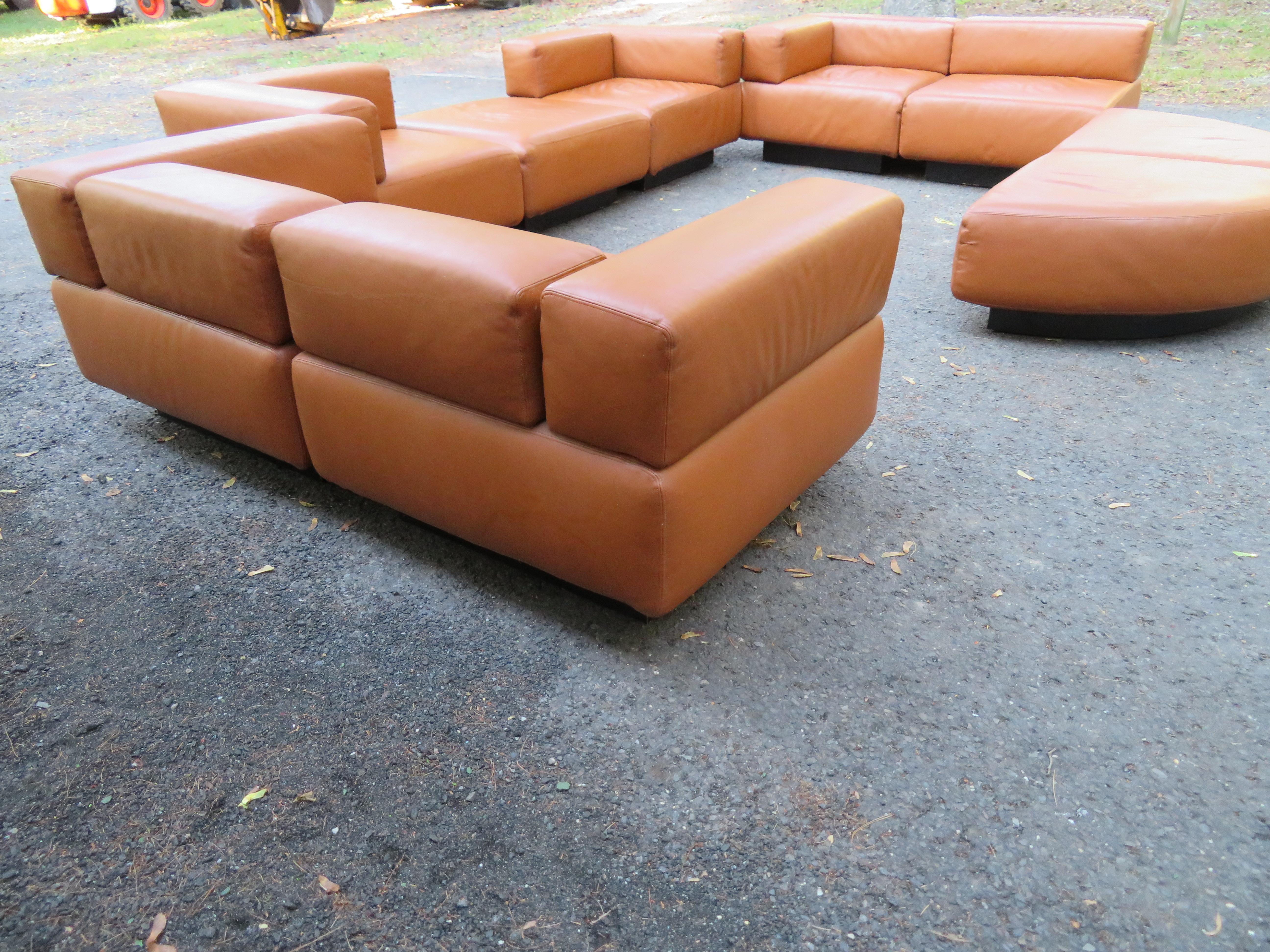Mid-Century Modern Magnificent 9-Piece Harvey Probber Caramel Brown Leather 'Cubo' Sectional Sofa For Sale