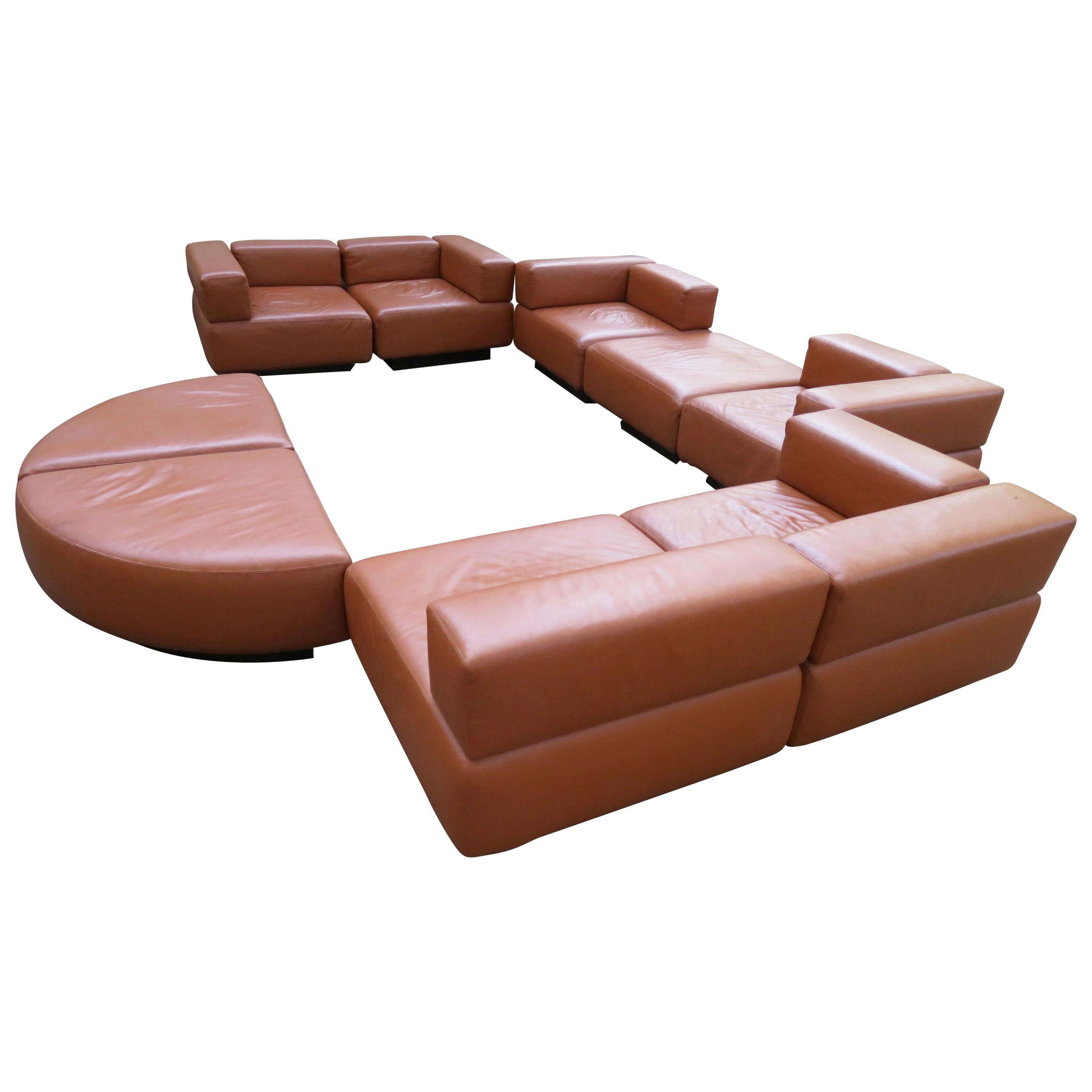 Magnificent 9-Piece Harvey Probber Caramel Brown Leather 'Cubo' Sectional Sofa