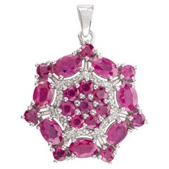 .925 Sterling Silver Big Ruby Diamond Flower Pendant Gift for Mom