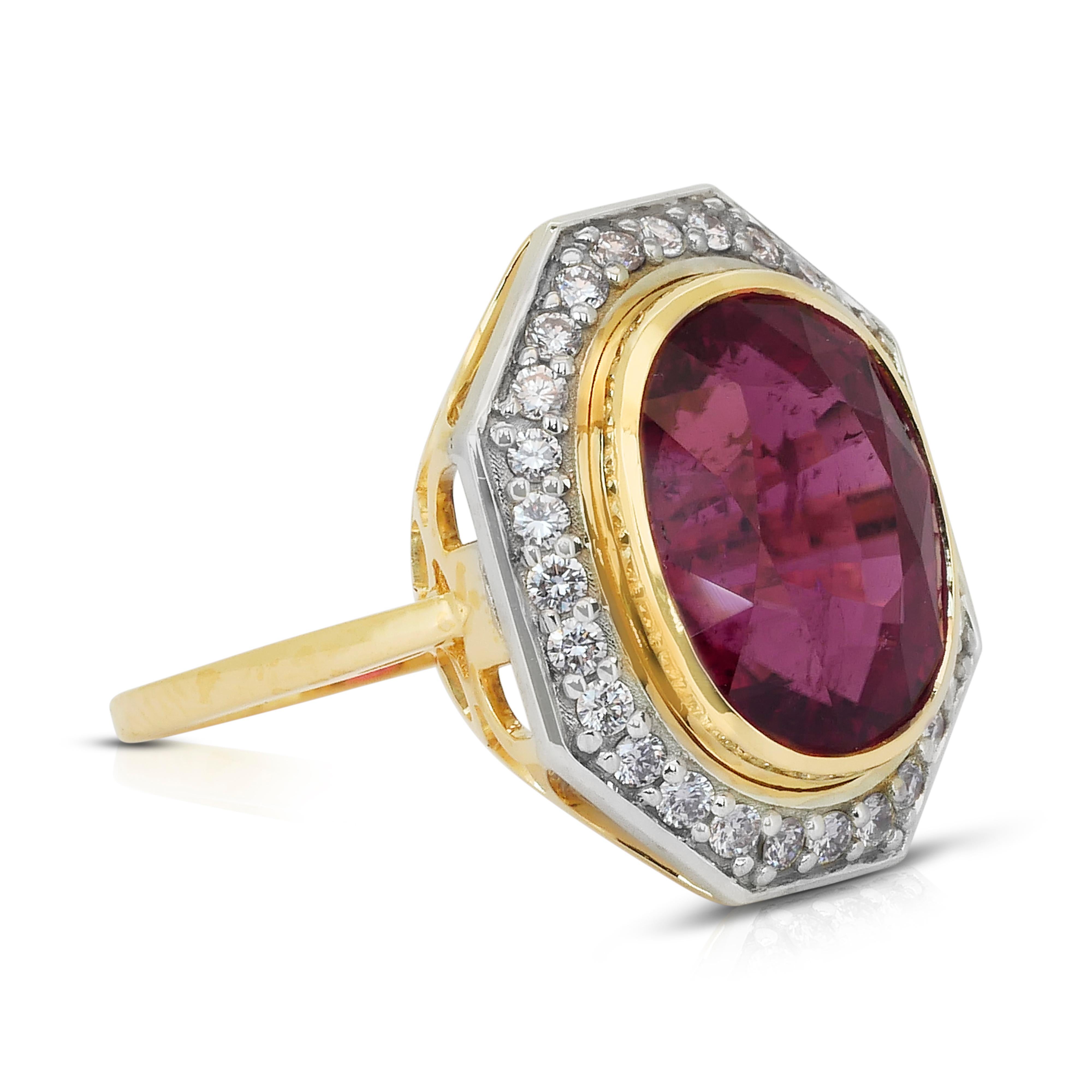 Magnificent 9.86ct Rubellite and Diamonds Cocktail Ring in 18k White and Yellow Gold - IGI Certified

This 9.26ct oval purplish-red rubellite is a true statement of luxury. Set in a stunning combination of 18K white and yellow gold, the rich hues of