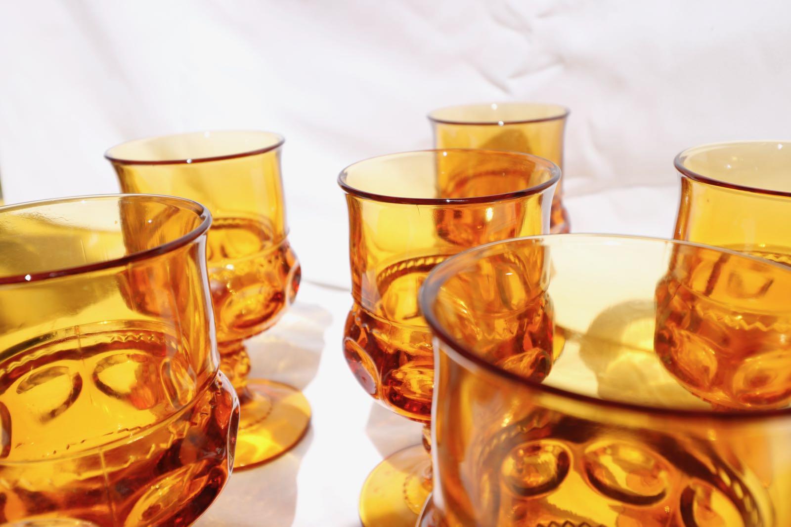 Mid-Century Modern Magnificent Amber Glass 1960 Midcentury Glass Water, Wine Set of Six Glasses