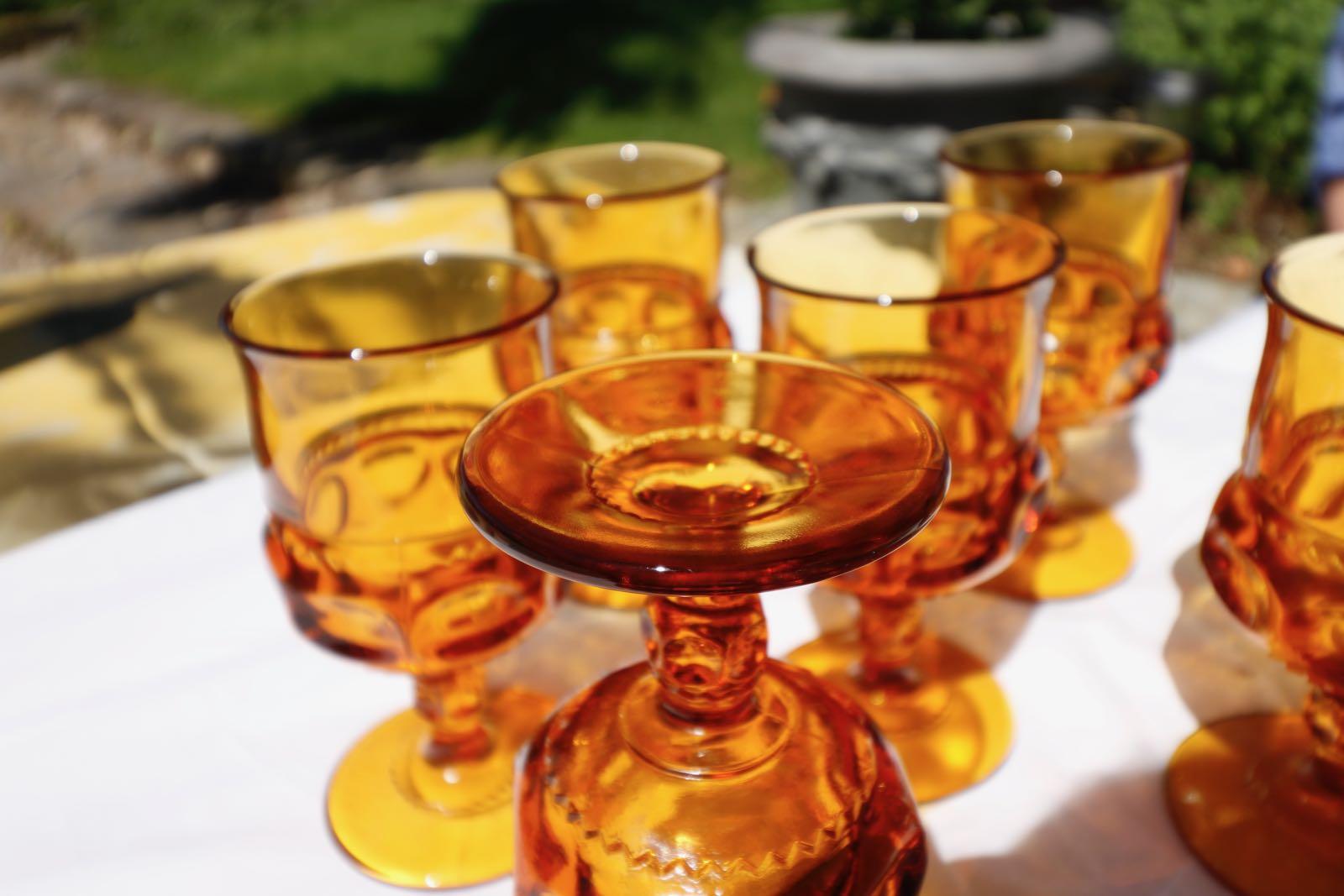 American Magnificent Amber Glass 1960 Midcentury Glass Water, Wine Set of Six Glasses