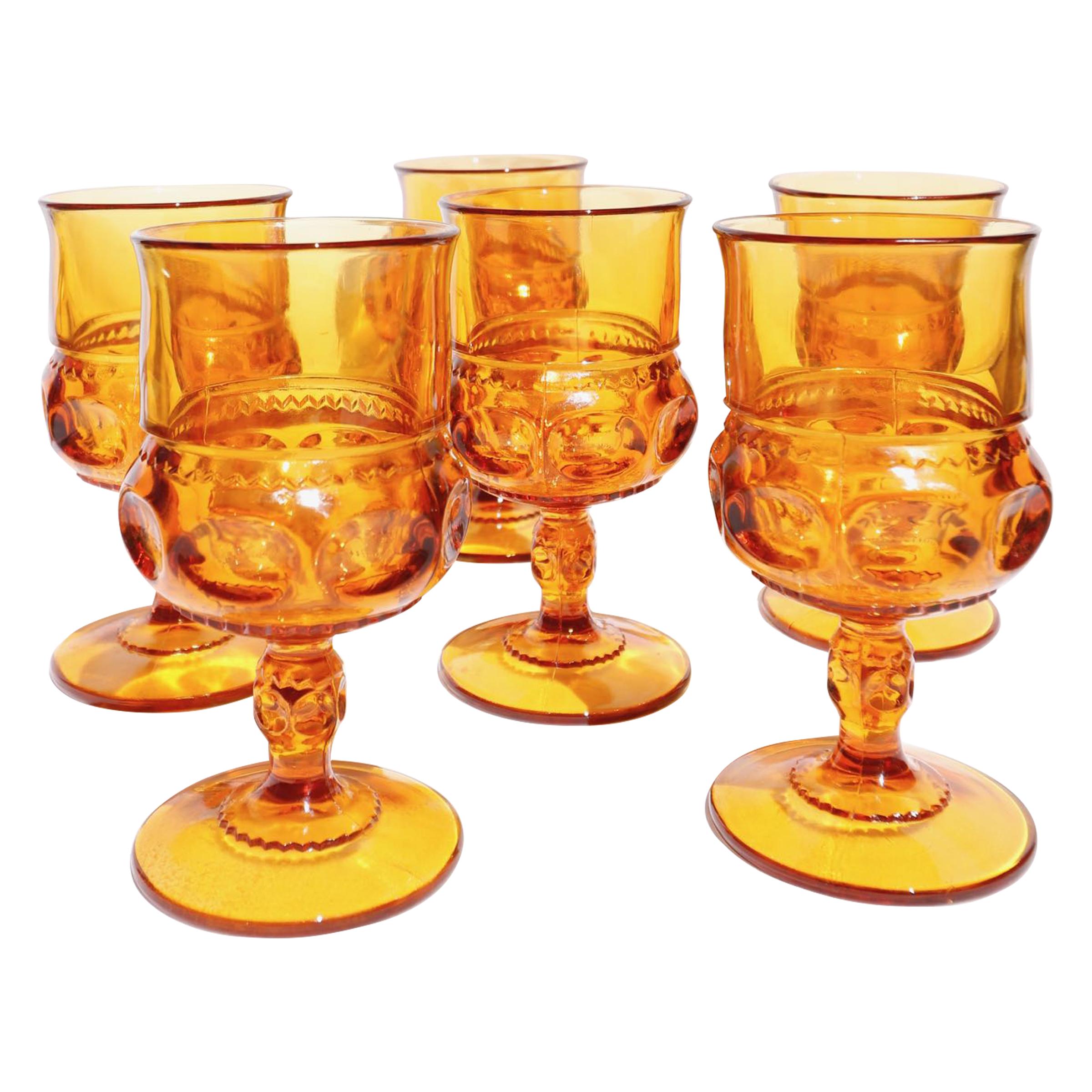 Magnificent Amber Glass 1960 Midcentury Glass Water, Wine Set of Six Glasses