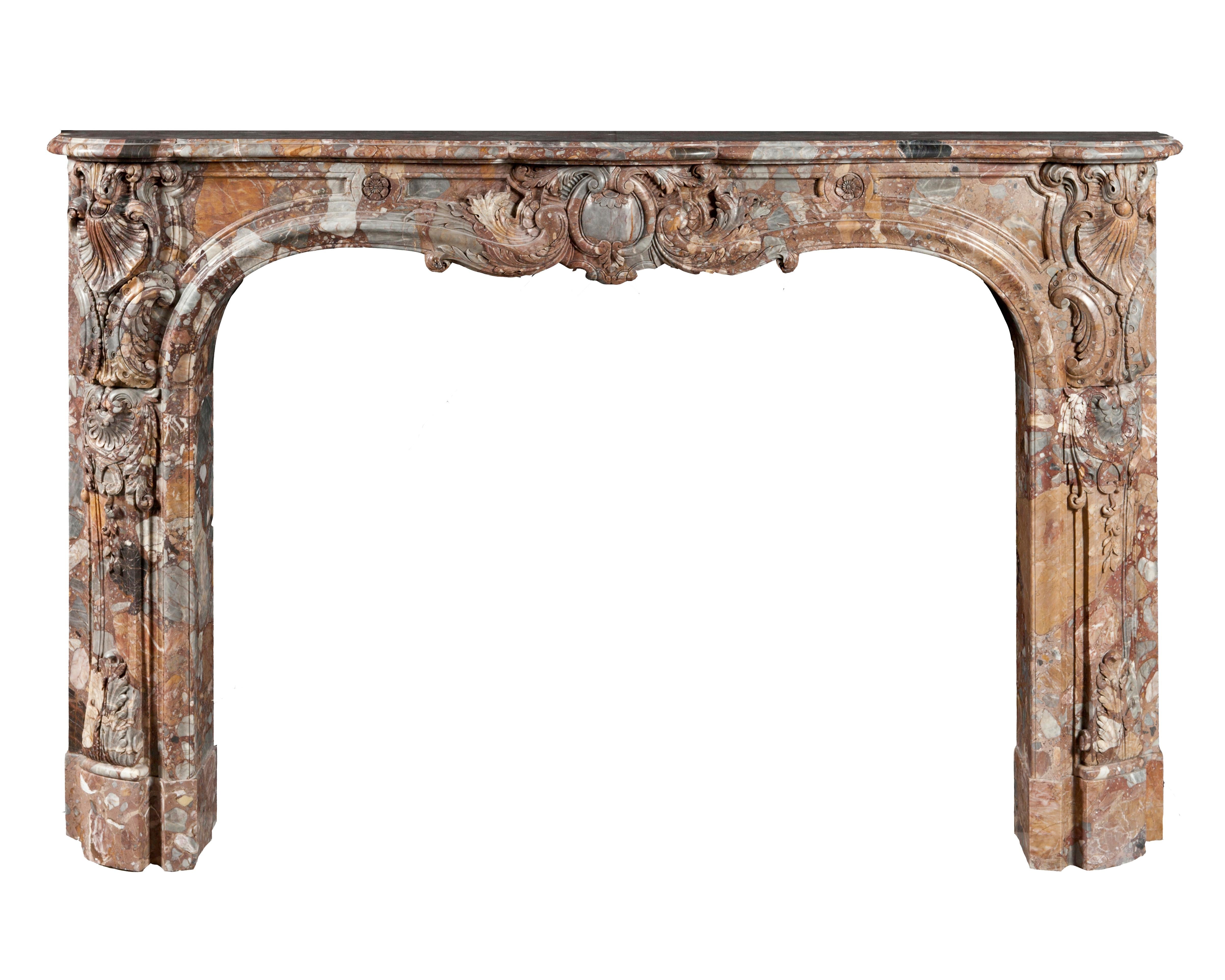 Original reproduction of the 18th century French marble fireplace coming from the dining room of the « Chateau de Balleroy » , Louis XV style.