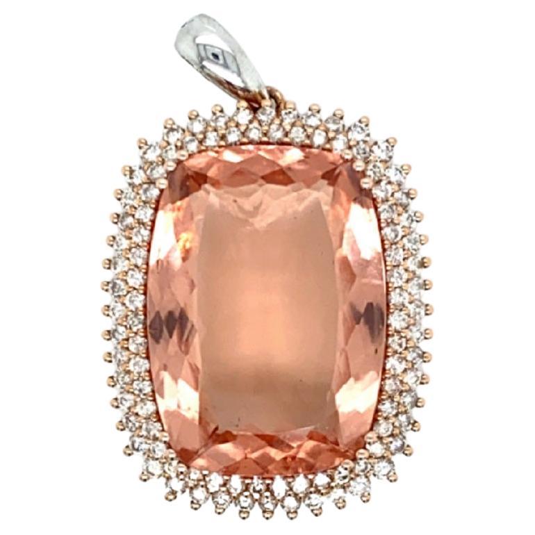 Magnificent and Large Natural Morganite Cushion & Diamond Halo Pendant For Sale