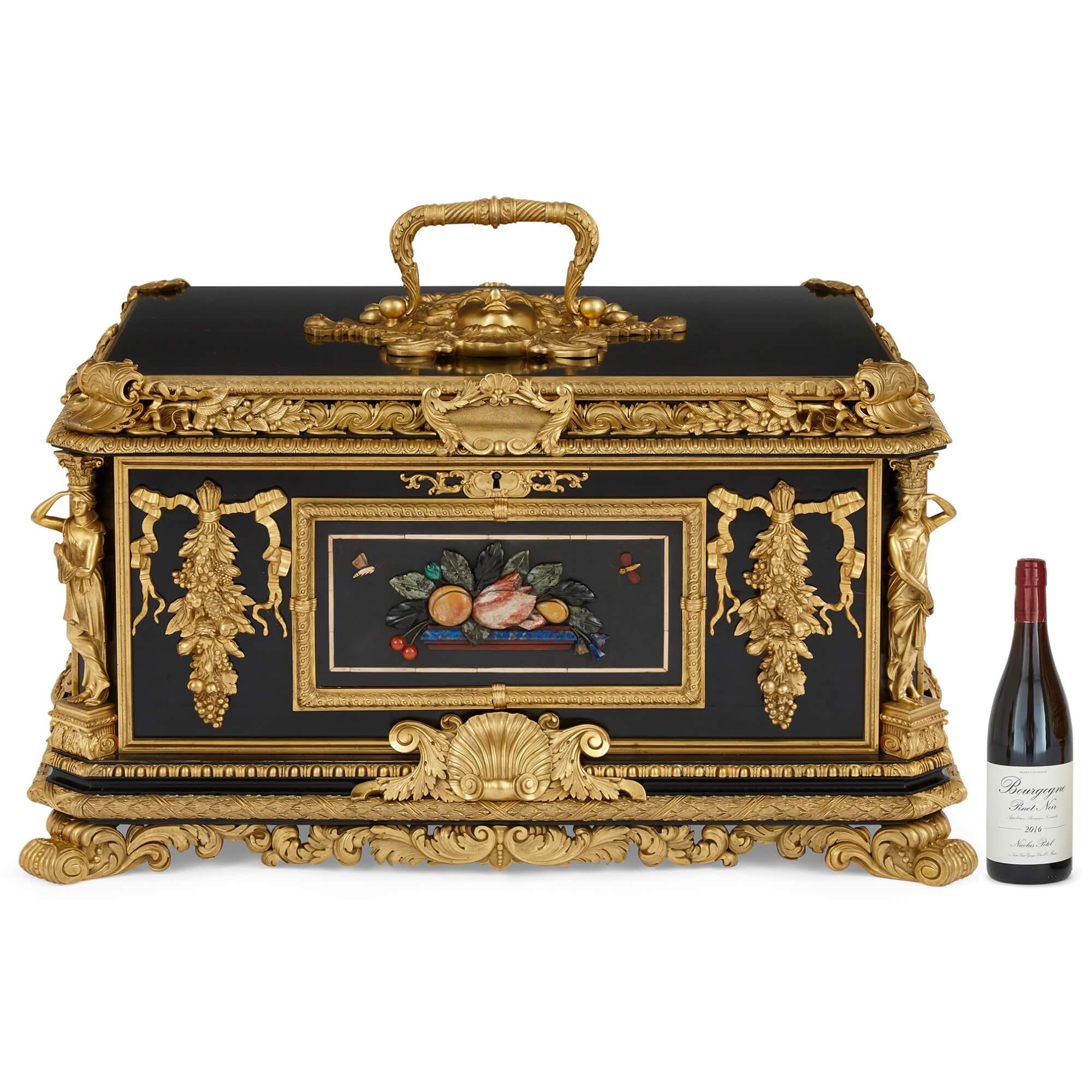 Magnificent and large ormolu and hardstone Regency period ebonized wooden casket For Sale 3
